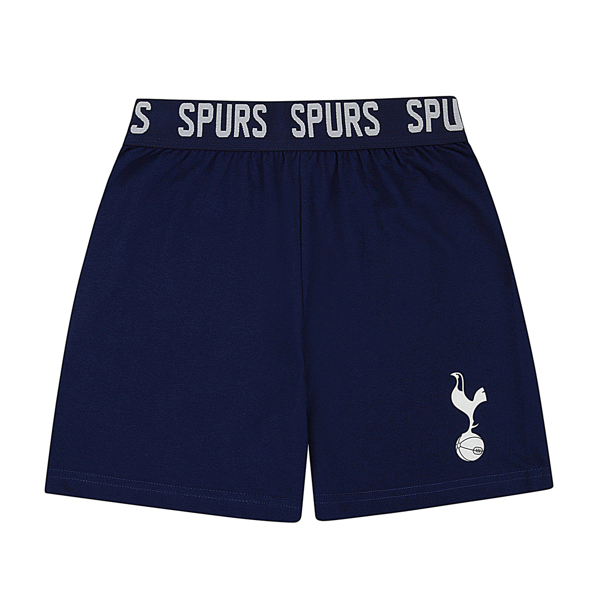 Spurs kids short pyjamas in white. Short sleeve top with branded graphic and shorts with crest to the left leg
