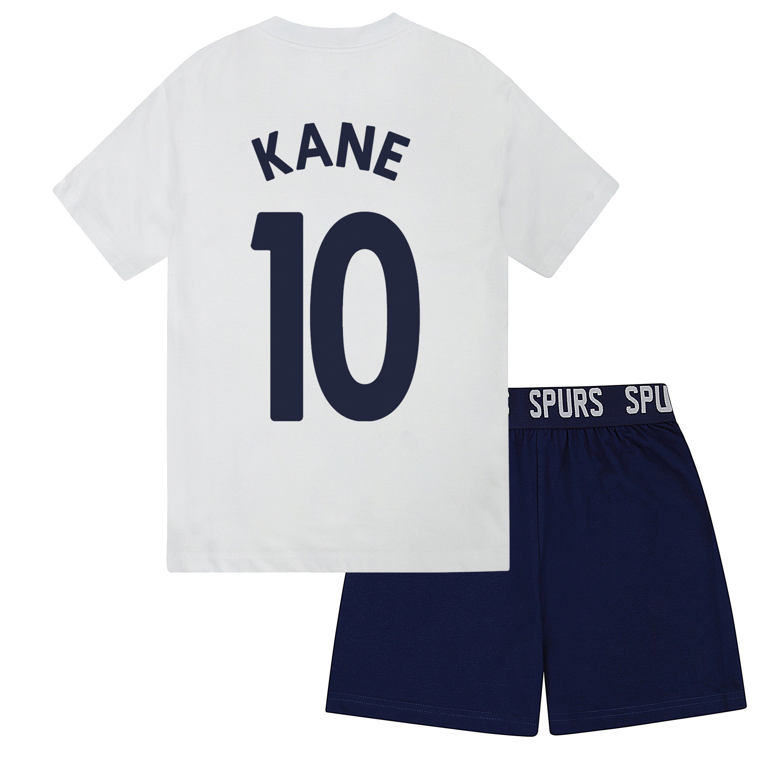 Spurs kids short pyjamas in white. Short sleeve top with branded graphic and shorts with crest to the left leg