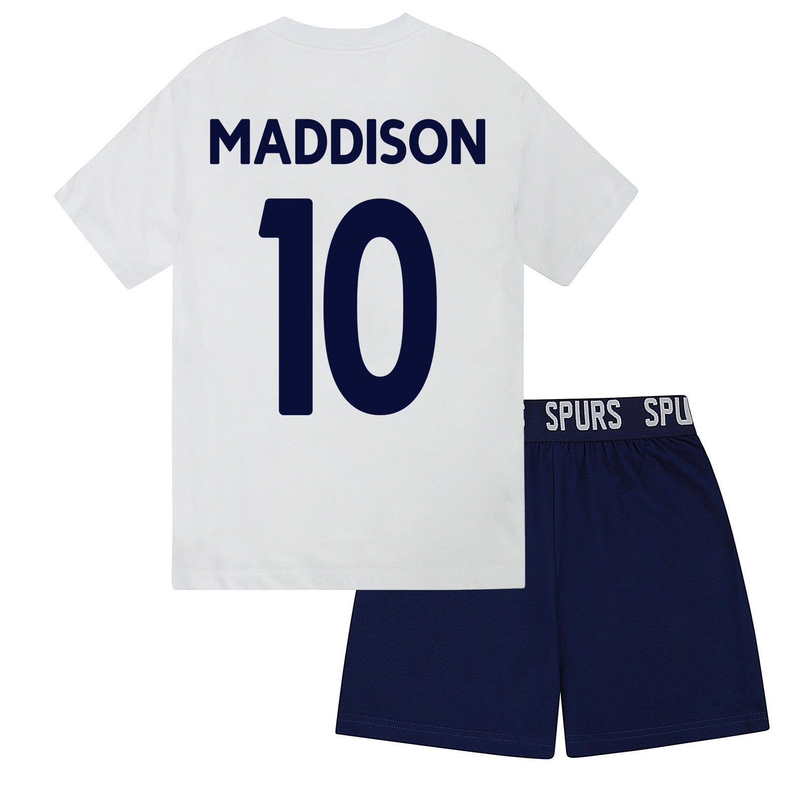 Spurs kids short pyjamas in white. Short sleeve top with branded graphic and shorts with crest to the left leg