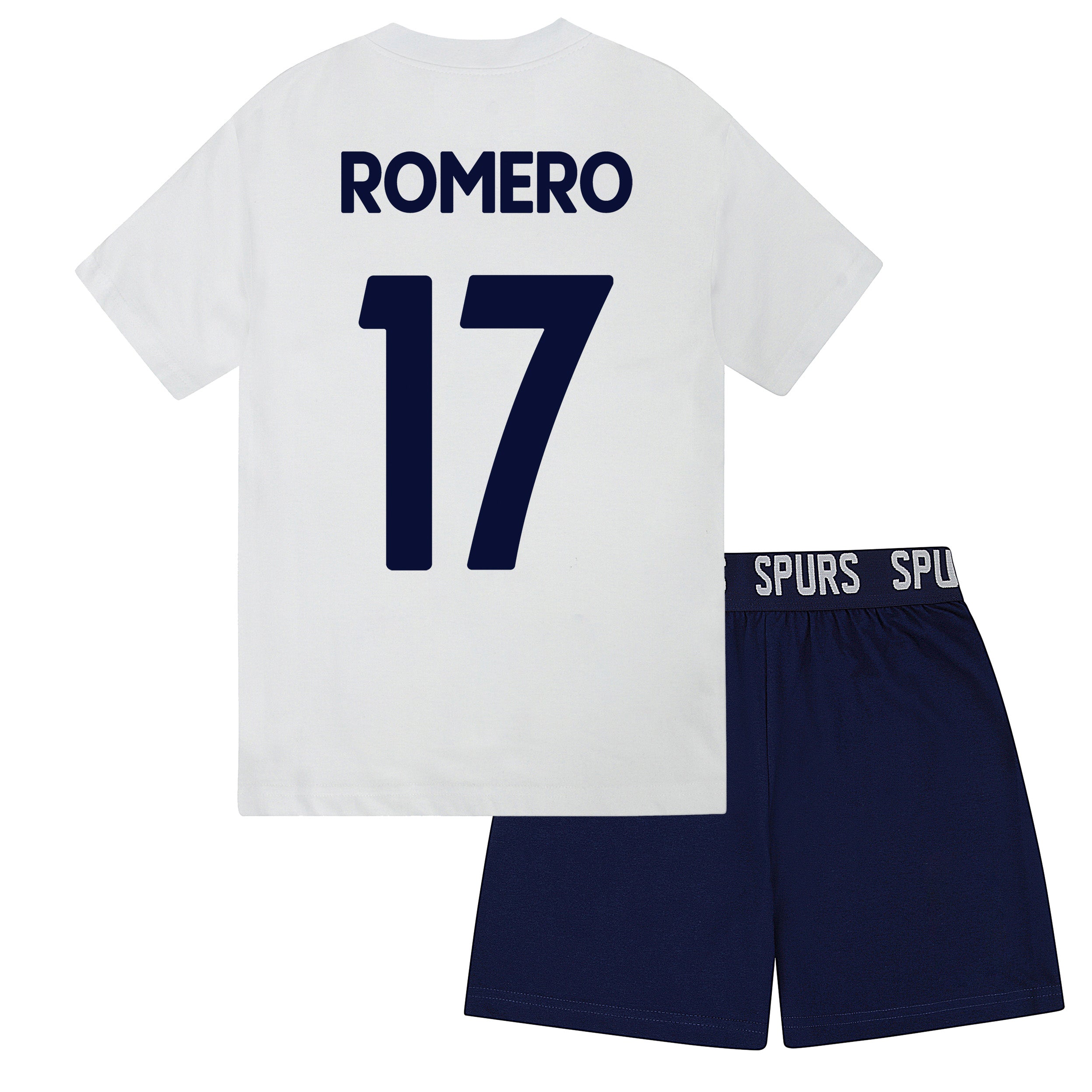 Spurs kids short pyjamas in white. Short sleeve top with branded graphic and shorts with crest to the left leg