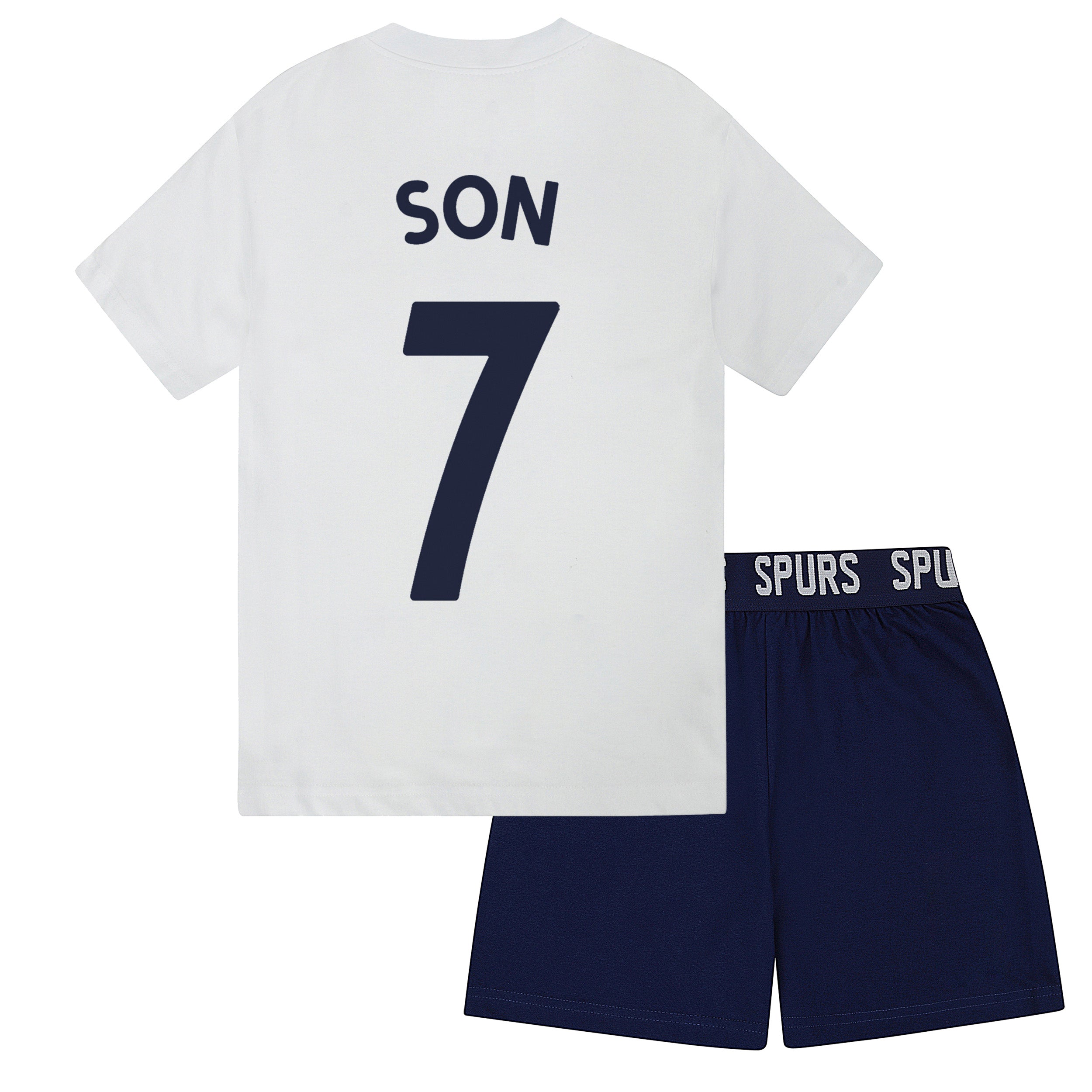 Spurs kids short pyjamas in white. Short sleeve top with branded graphic and shorts with crest to the left leg