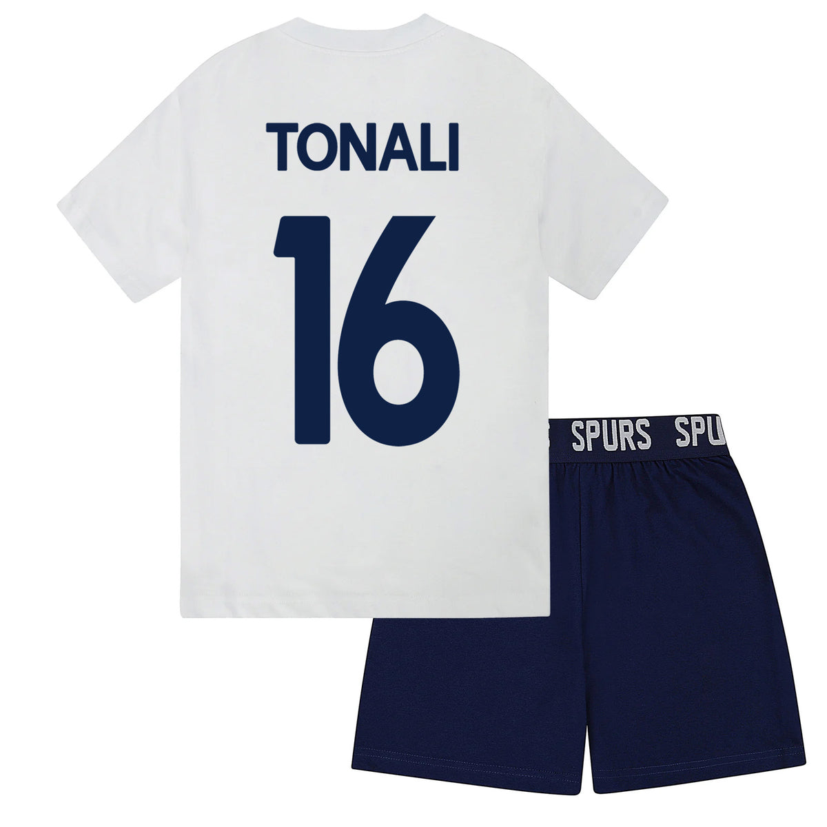 Spurs kids short pyjamas in white. Short sleeve top with branded graphic and shorts with crest to the left leg