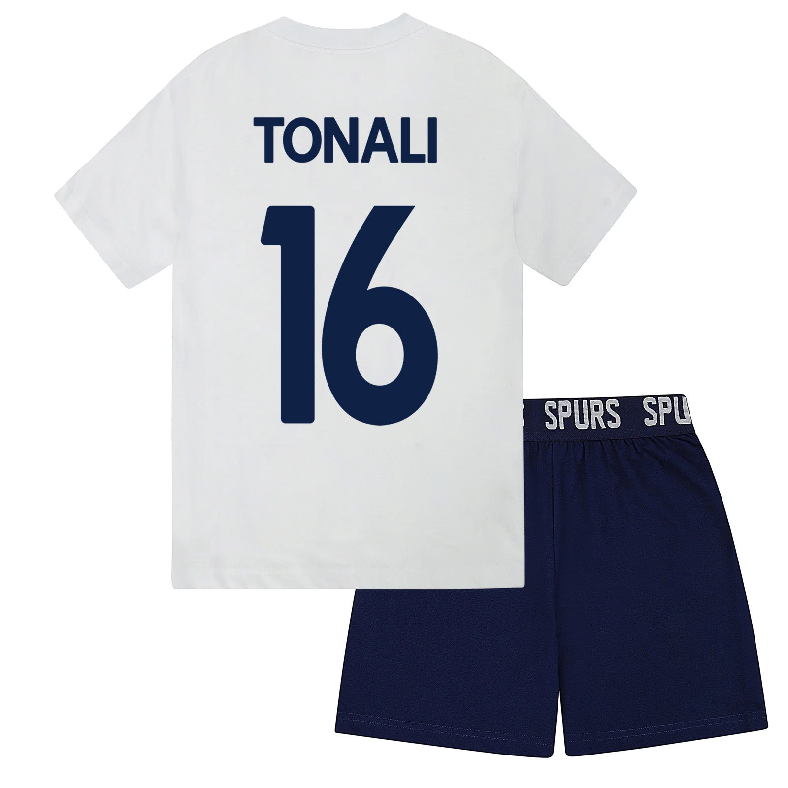 Spurs kids short pyjamas in white. Short sleeve top with branded graphic and shorts with crest to the left leg