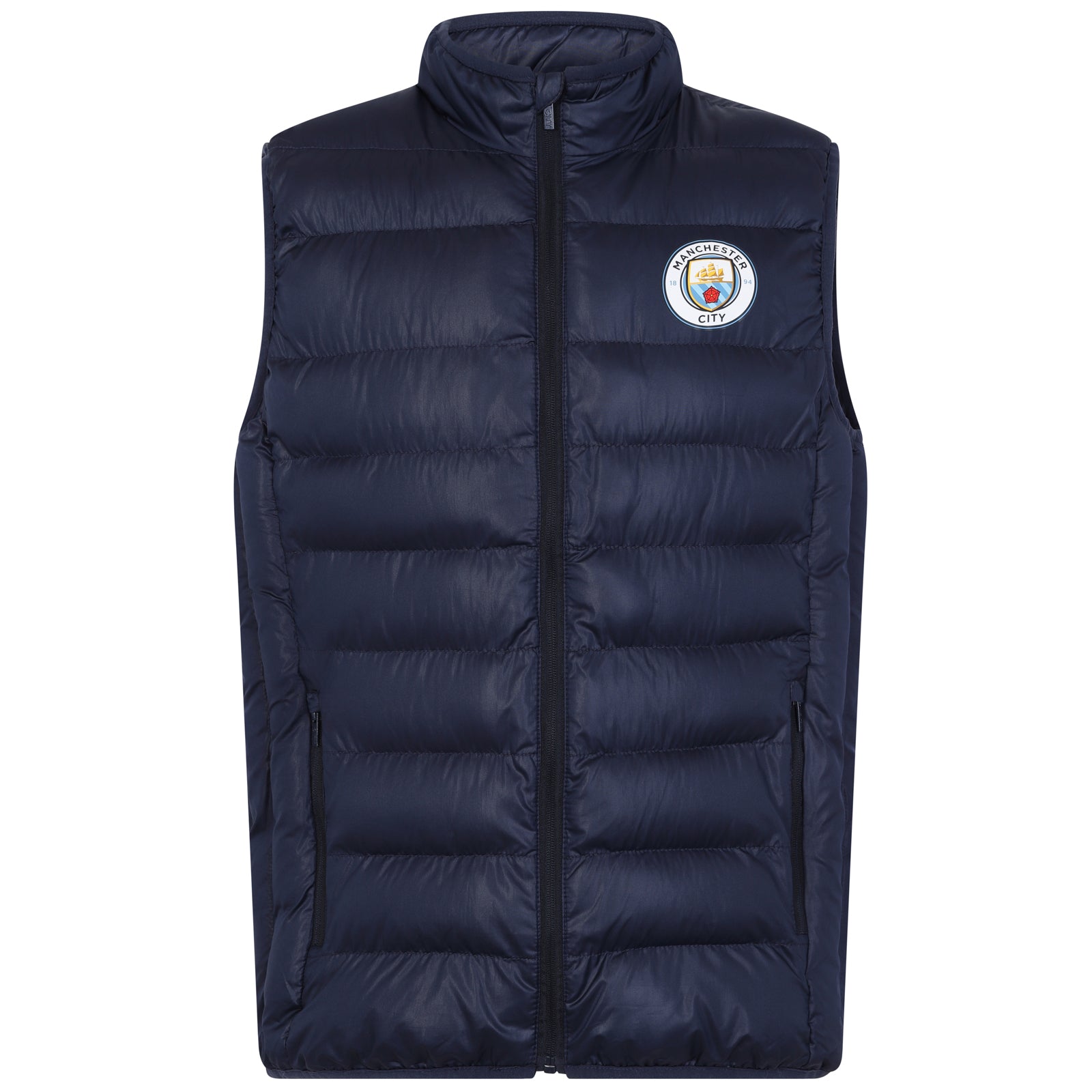 Man City adults gilet in black with full colour club crest to chest.