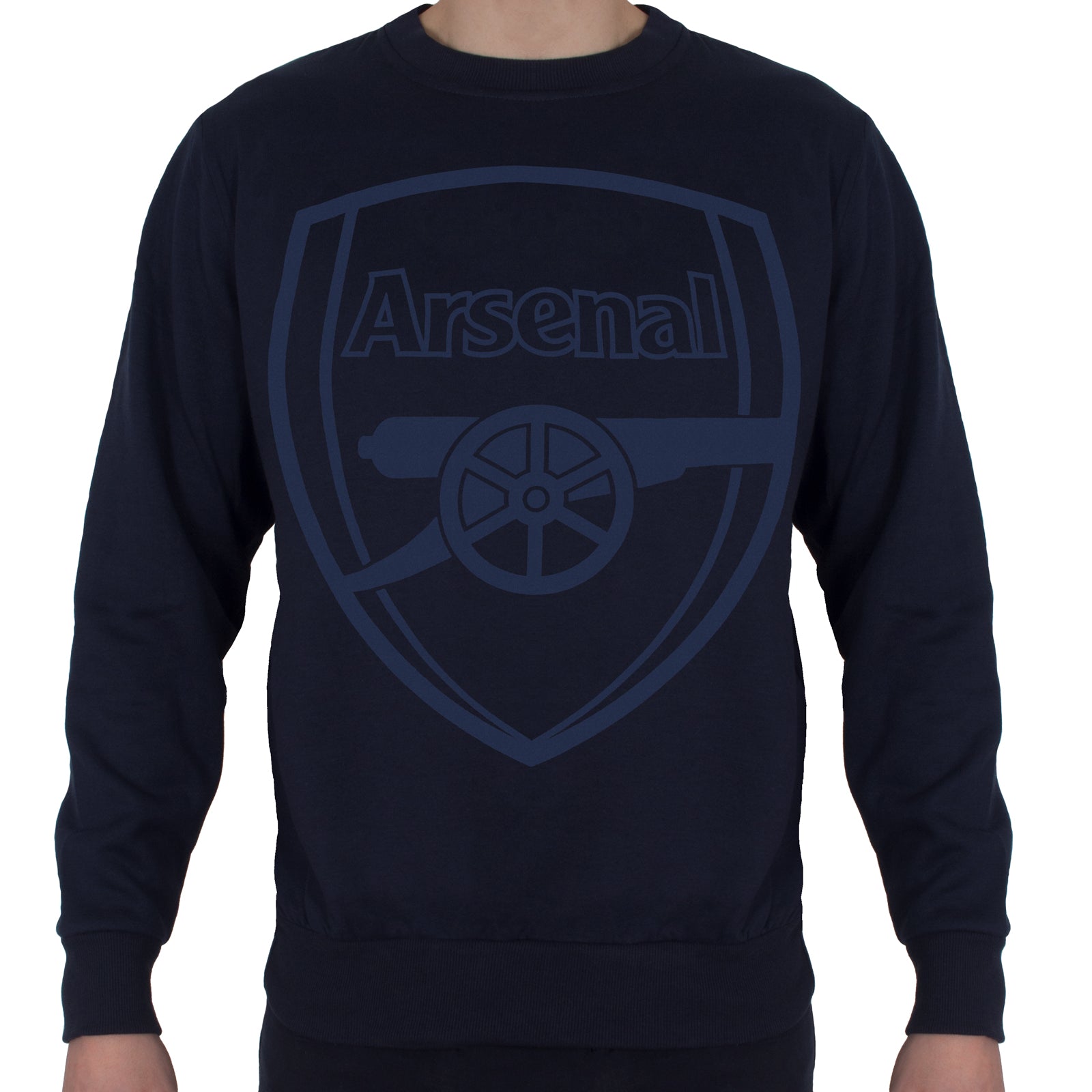 Arsenal men?s sweatshirt in black with oversized club crest to front.
