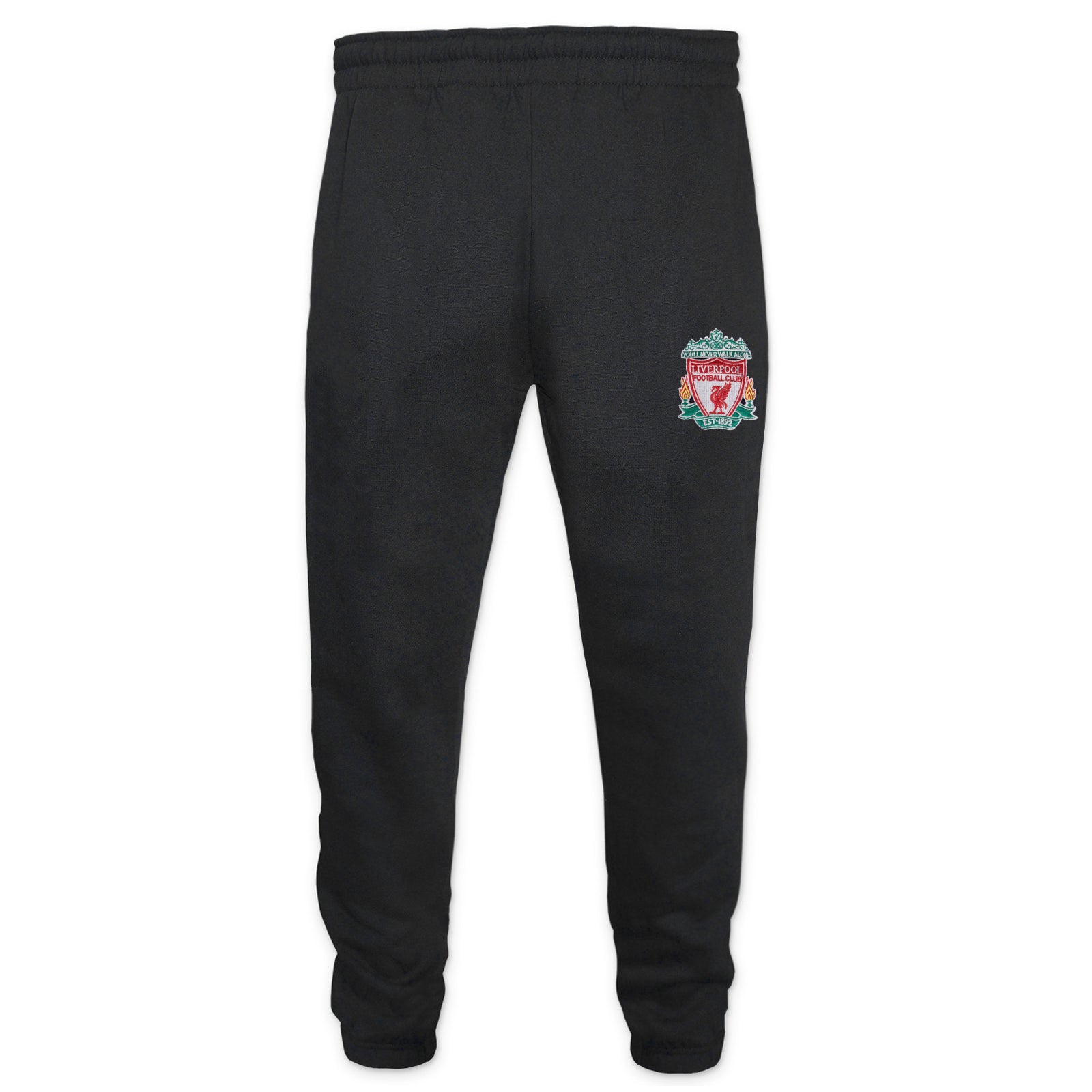 Liverpool kids slim fit track pants in black with club crest and text to left leg.