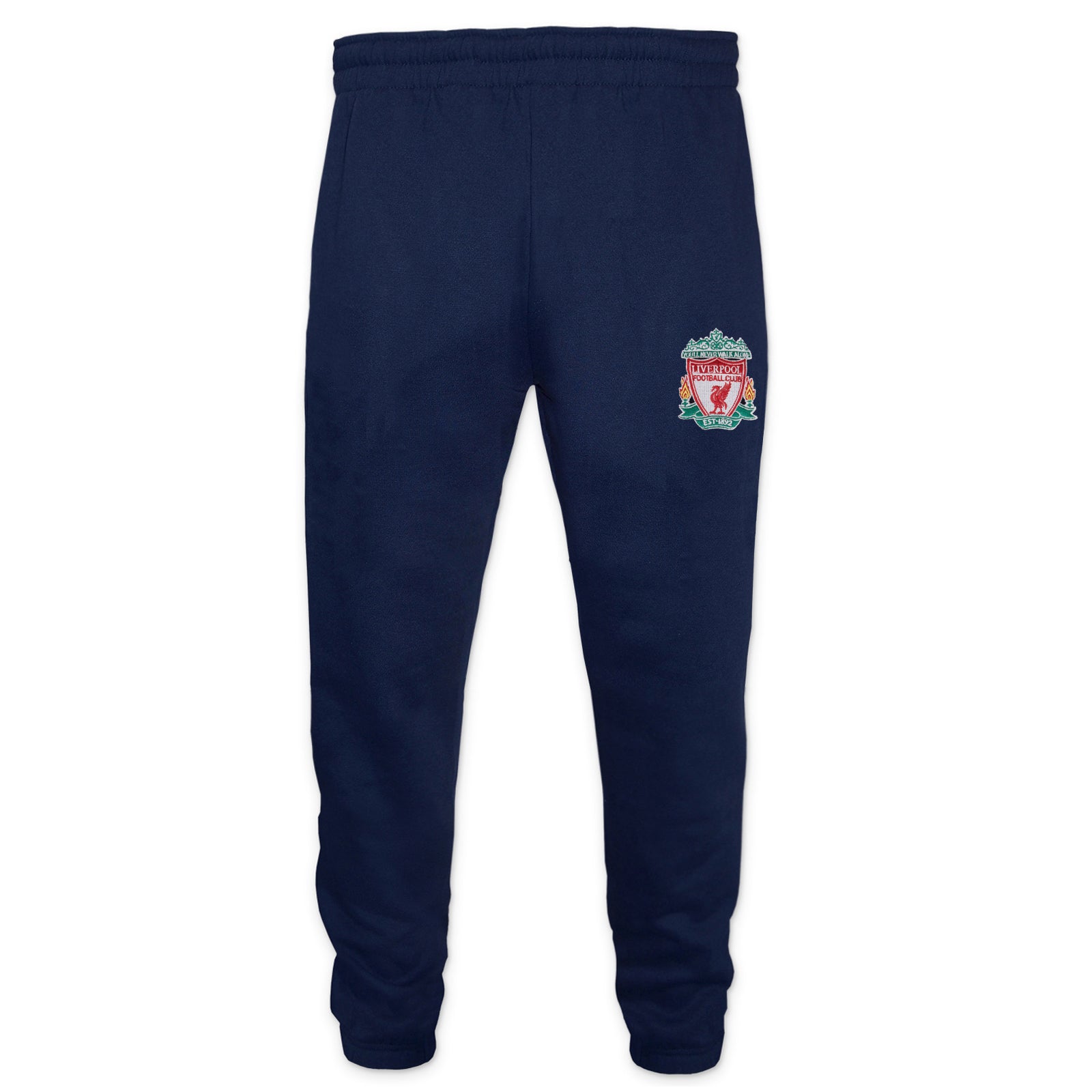 Liverpool kids slim fit track pants in navy blue with club crest and text to left leg.
