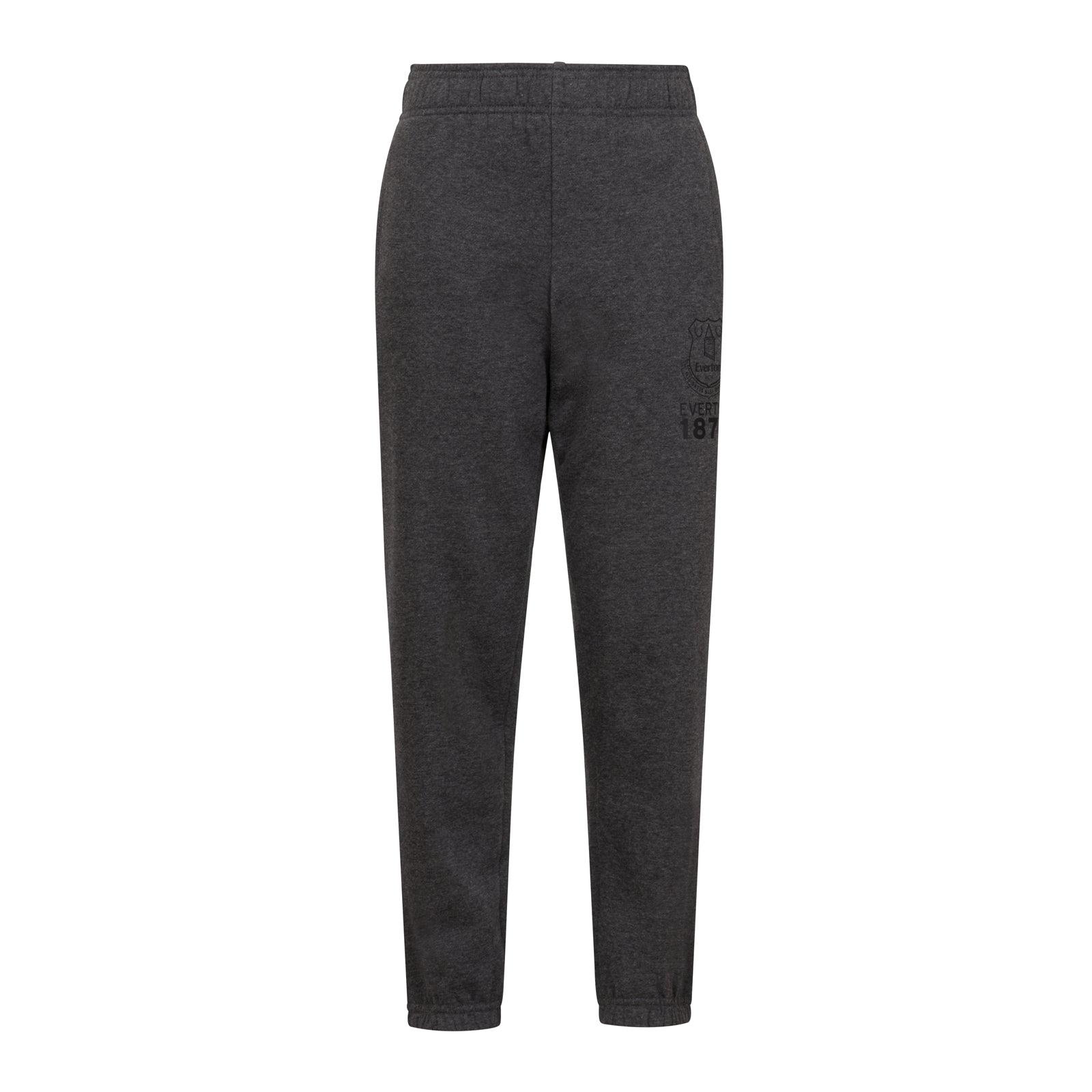 Everton kids slim fit track pants in charcoal grey with Everton 1878 text and club crest on left leg.