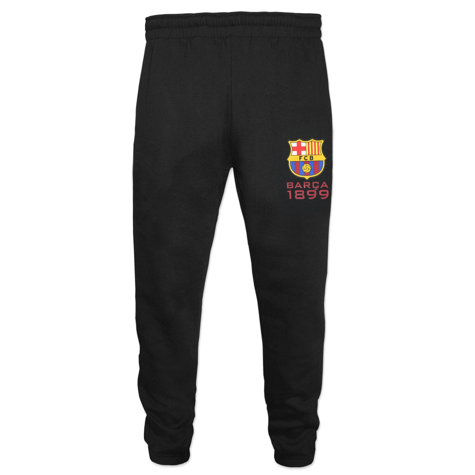 FC Barcelona kids slim fit track pants in black with club crest and text to left leg.