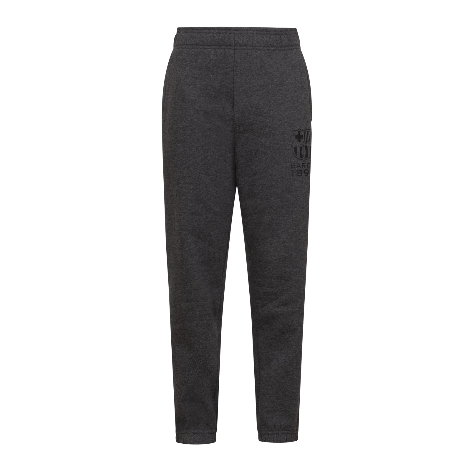 FC Barcelona kids slim fit track pants in black with club crest and text to left leg.