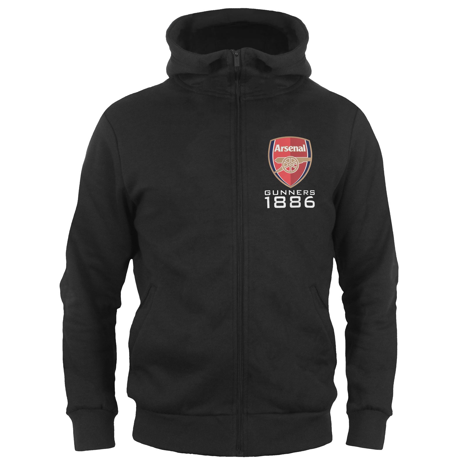 Arsenal kids zip hoodie in black with the club crest and AFC 1886 text on the left chest.