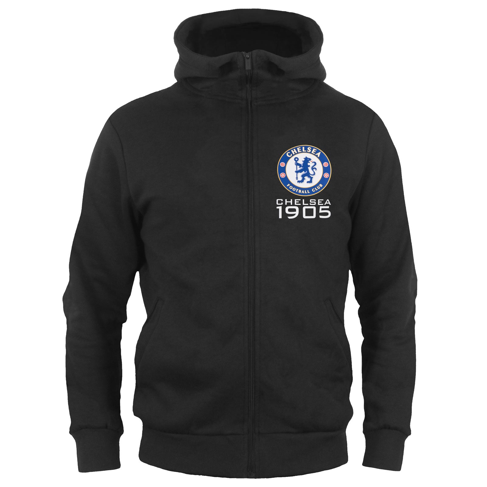 Chelsea kids zip hoodie in black with club crest and Chelsea 1905 text on the left chest.