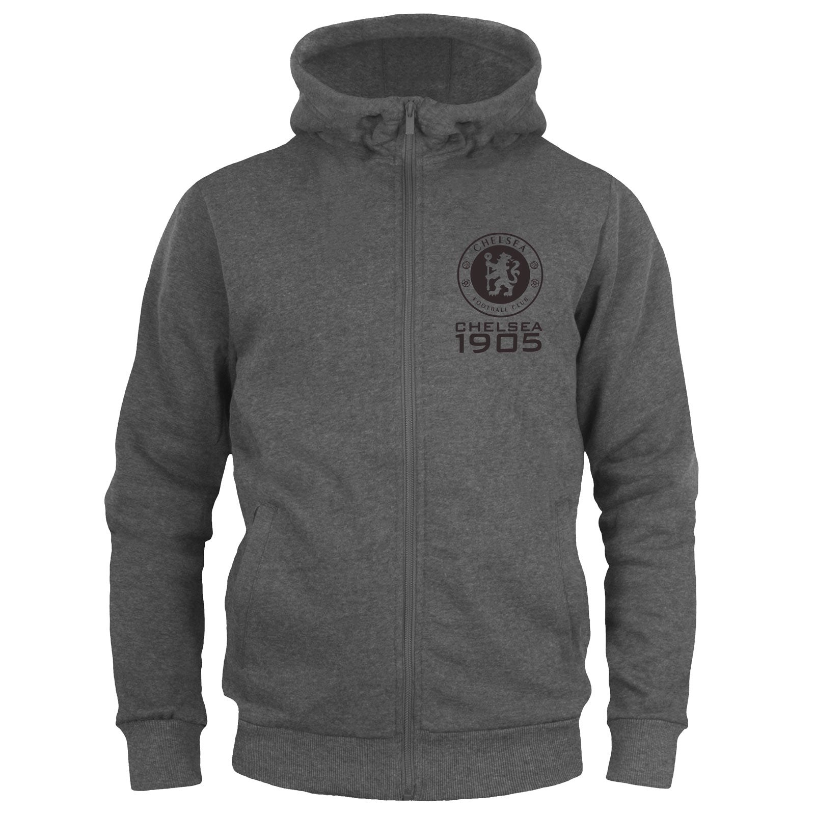Chelsea kids zip hoodie in grey with club crest and Chelsea 1905 text on the left chest.
