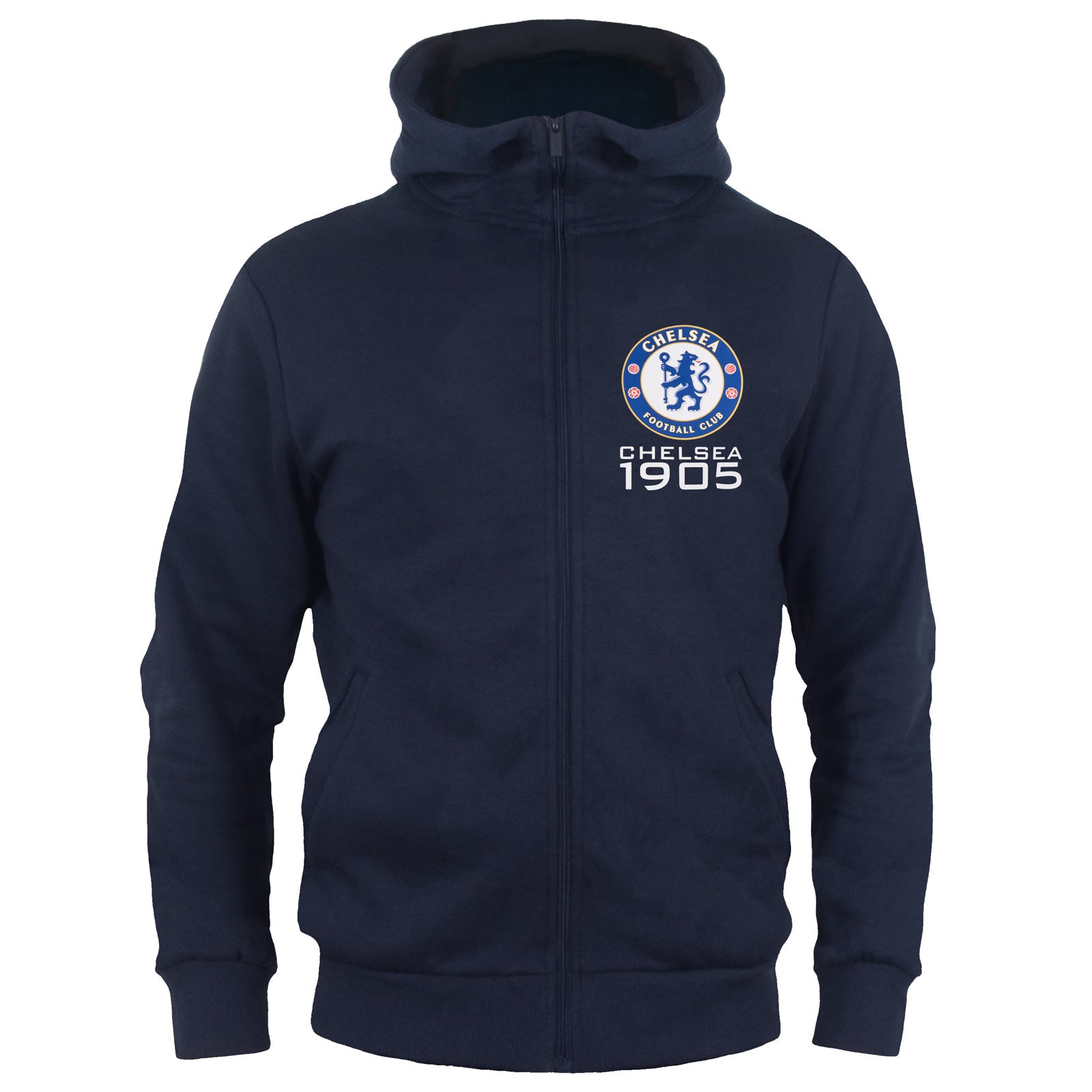 Chelsea kids zip hoodie in navy blue with club crest and Chelsea 1905 text on the left chest.