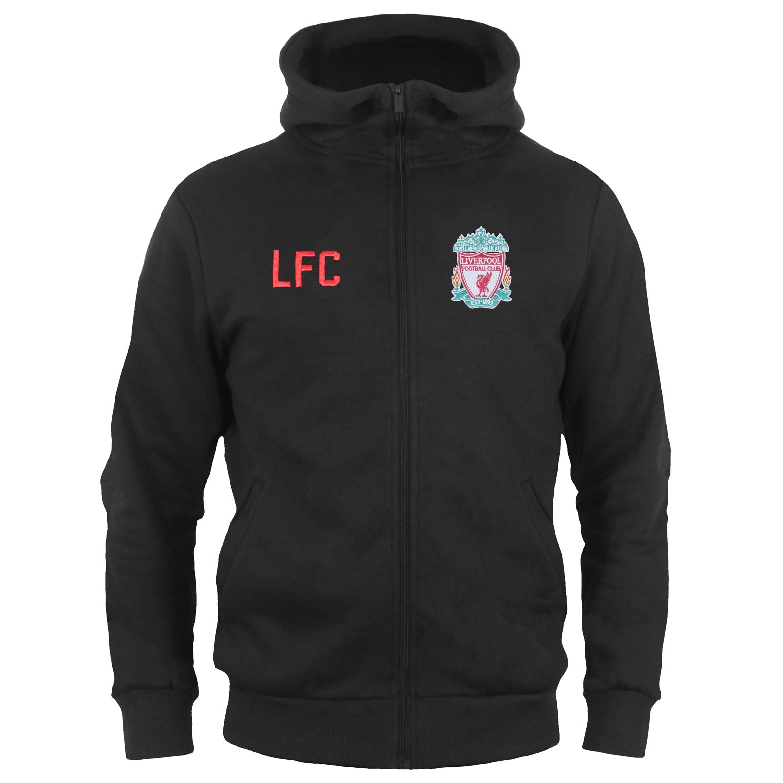 Liverpool kids zip hoodie in black with club crest on the left chest.