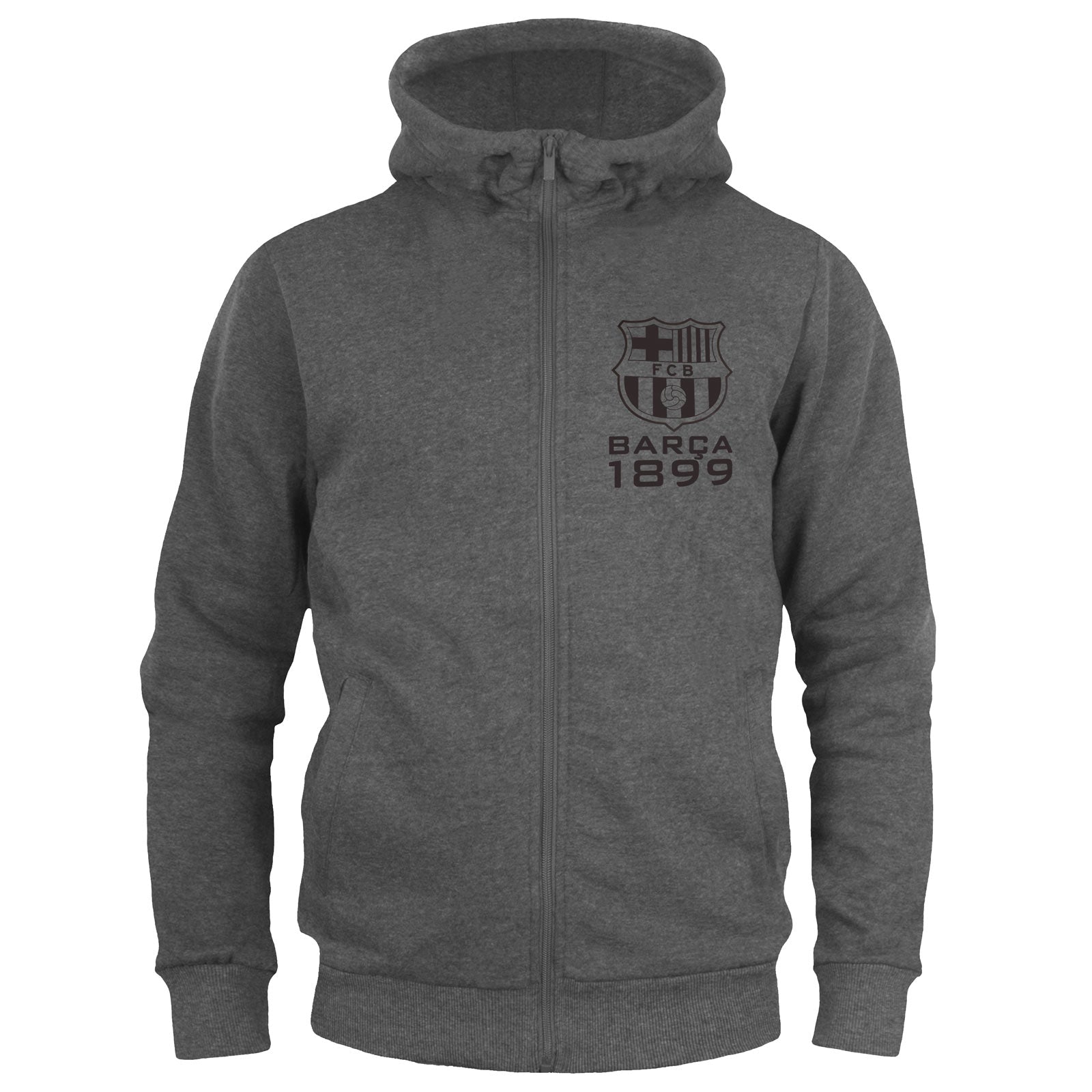 FC Barcelona kids zip hoodie in grey with the club crest and Barca 1899 text on the left chest.