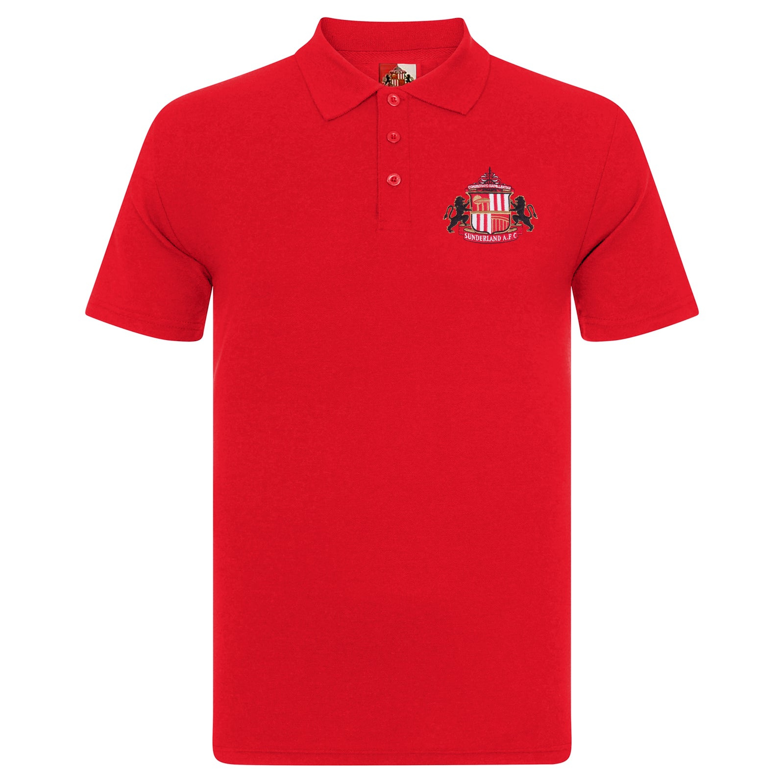 Sunderland adults polo shirt in red with Sunderland badge and text to the chest.
