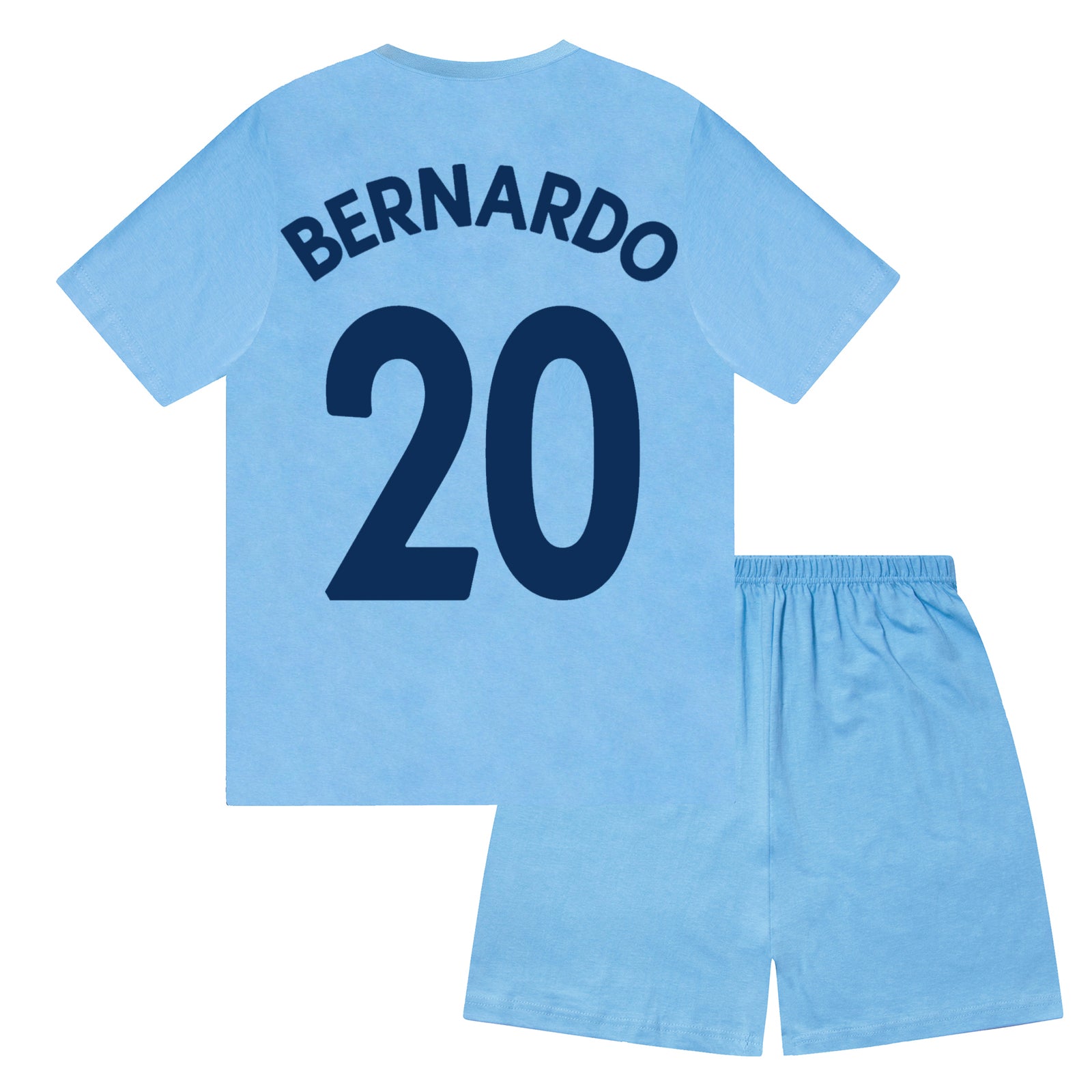 Man City kids pyjamas in navy blue. Short sleeve top with graphic and shorts with crest to the left leg