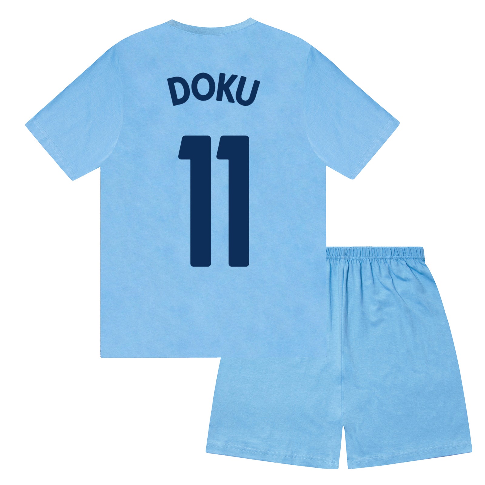 Man City kids pyjamas in navy blue. Short sleeve top with graphic and shorts with crest to the left leg