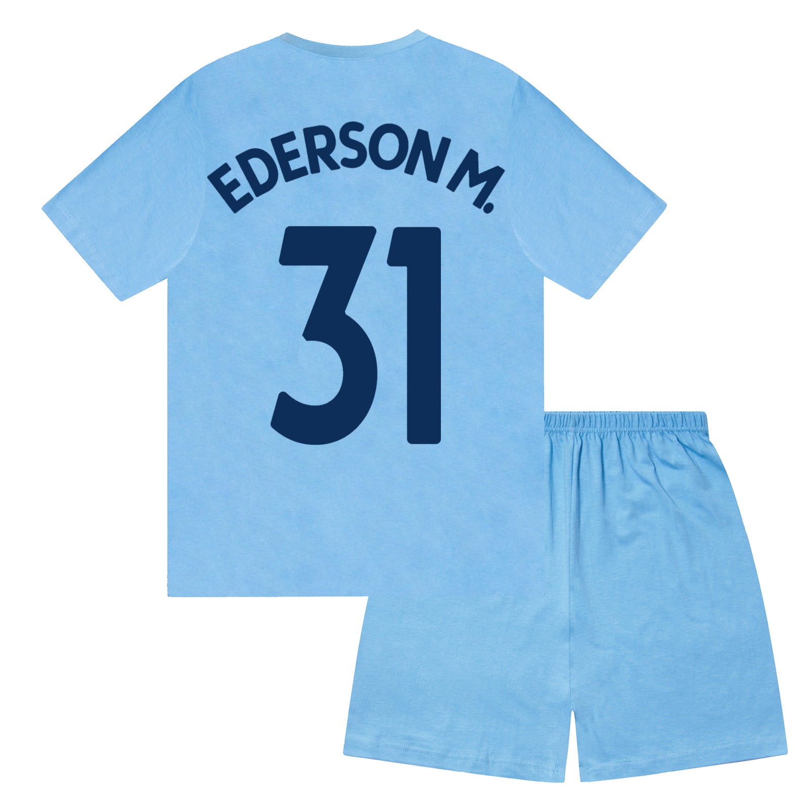 Man City kids pyjamas in navy blue. Short sleeve top with graphic and shorts with crest to the left leg