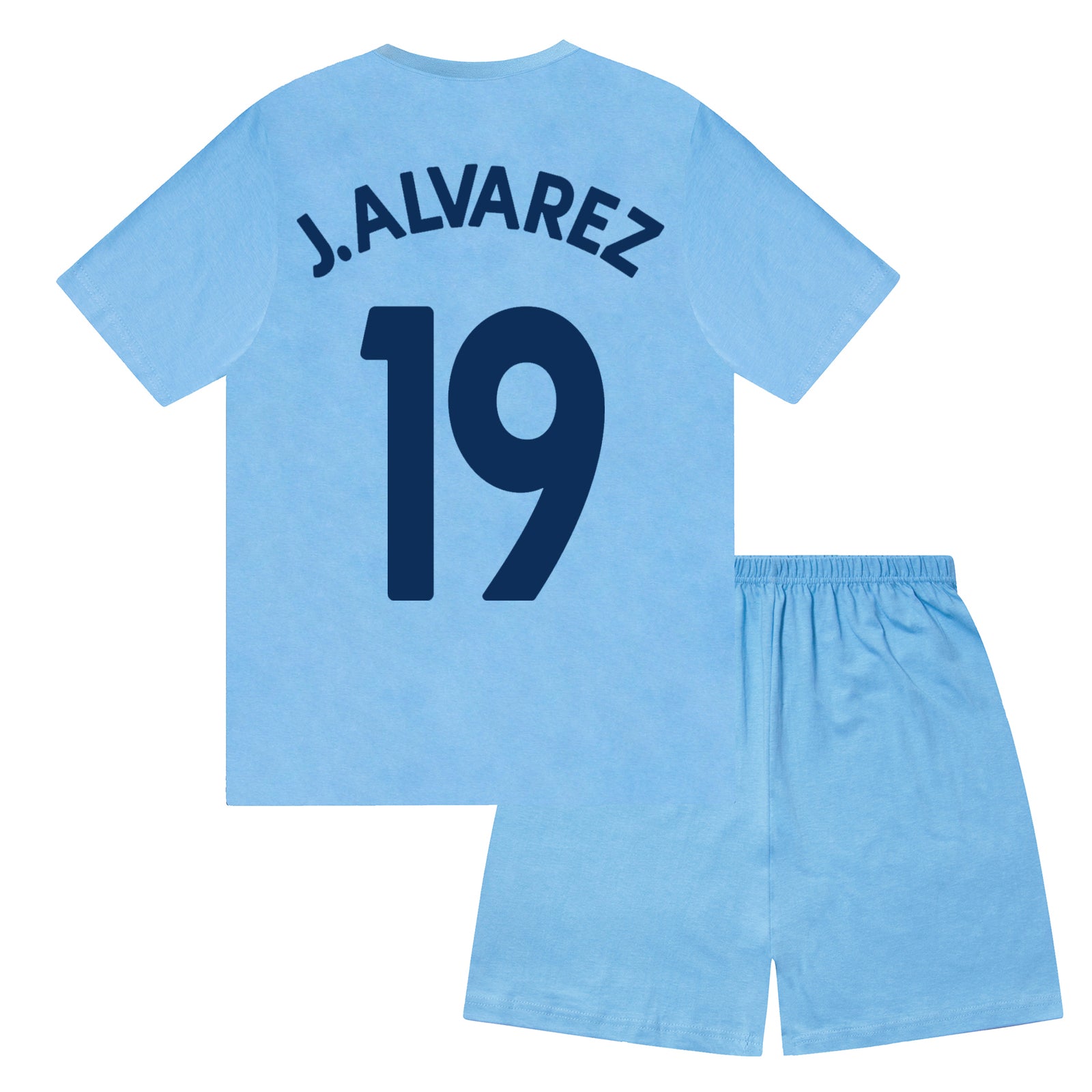 Man City kids pyjamas in navy blue. Short sleeve top with graphic and shorts with crest to the left leg