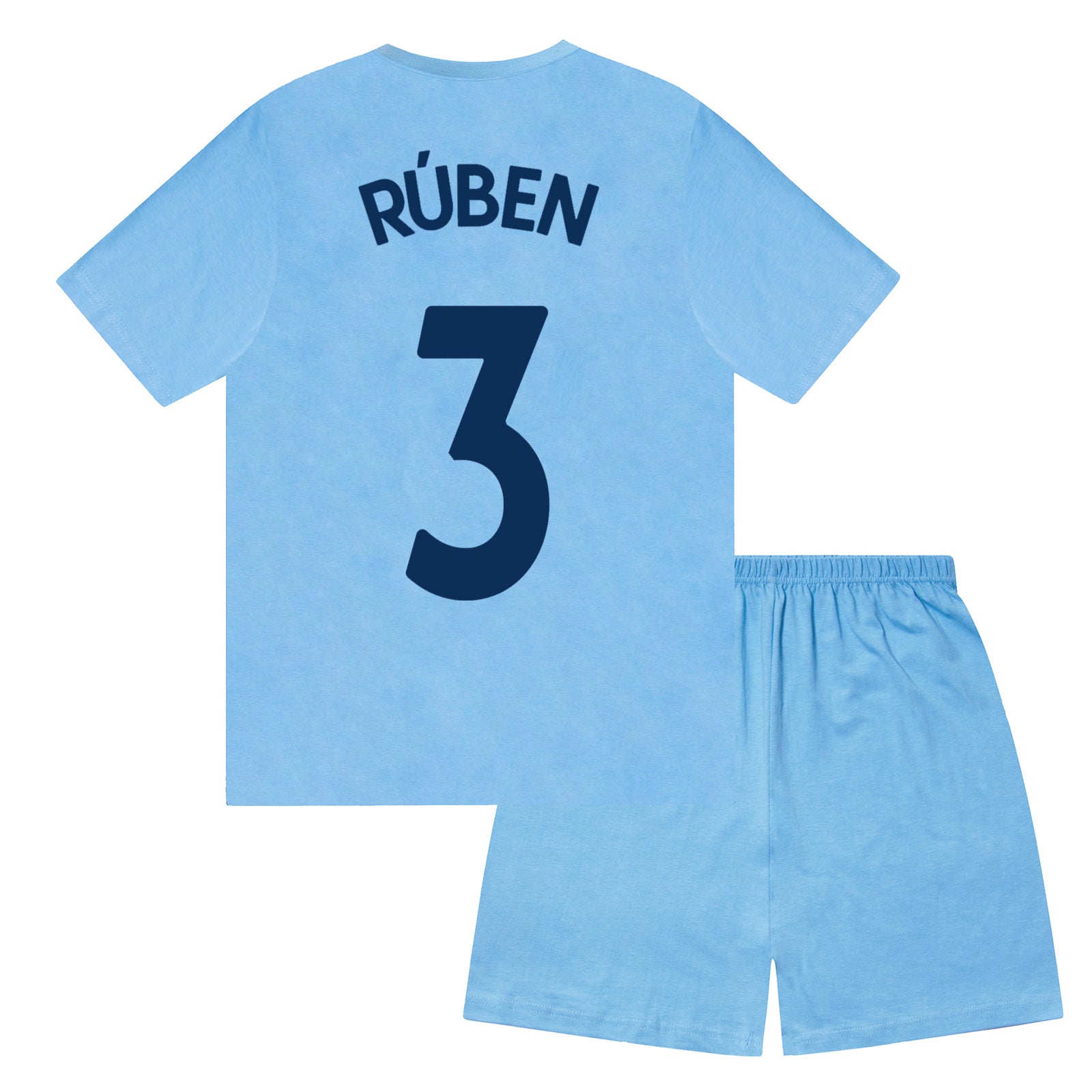 Man City kids pyjamas in navy blue. Short sleeve top with graphic and shorts with crest to the left leg