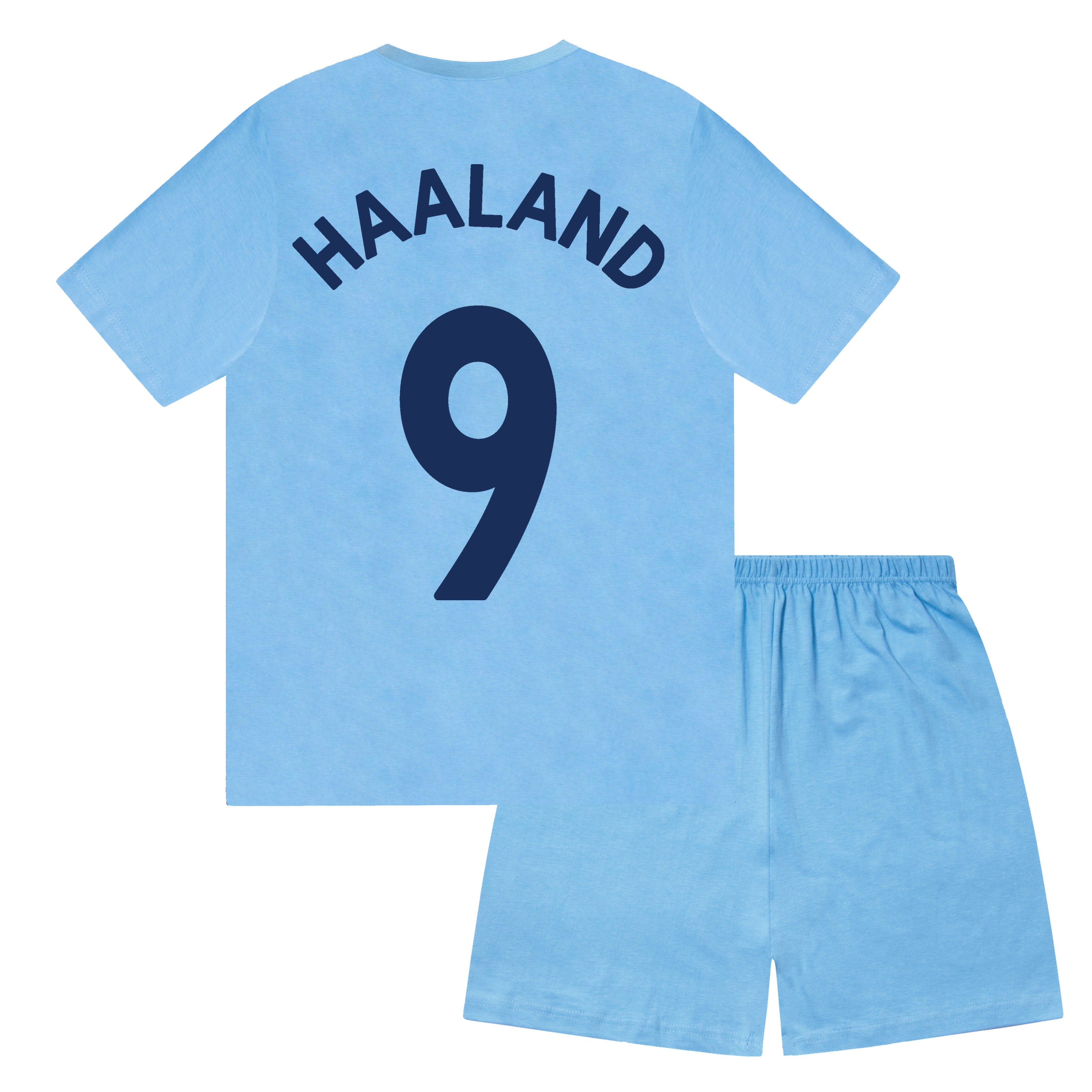 Man City kids pyjamas in navy blue. Short sleeve top with graphic and shorts with crest to the left leg
