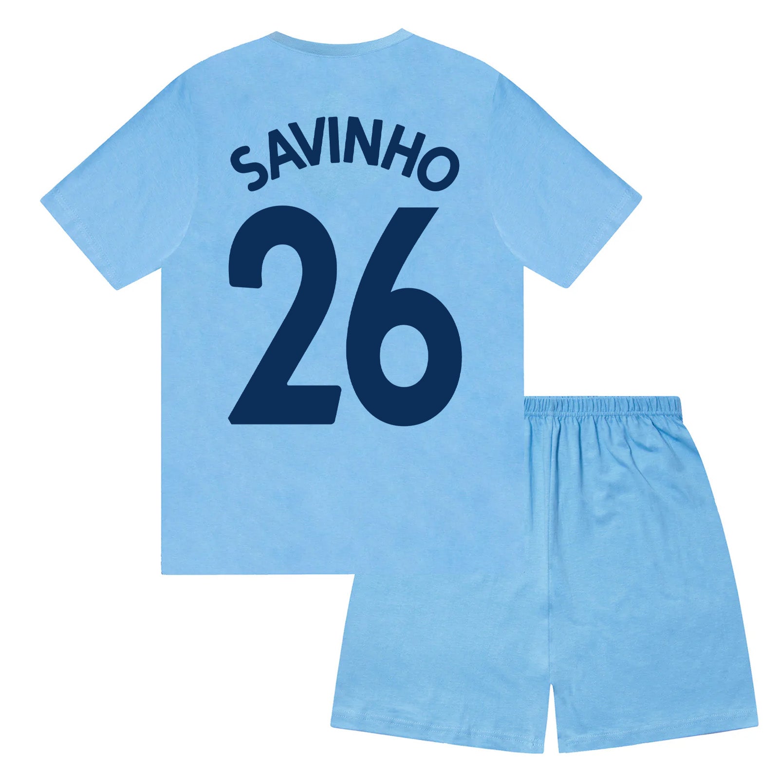 Man City kids pyjamas in navy blue. Short sleeve top with graphic and shorts with crest to the left leg