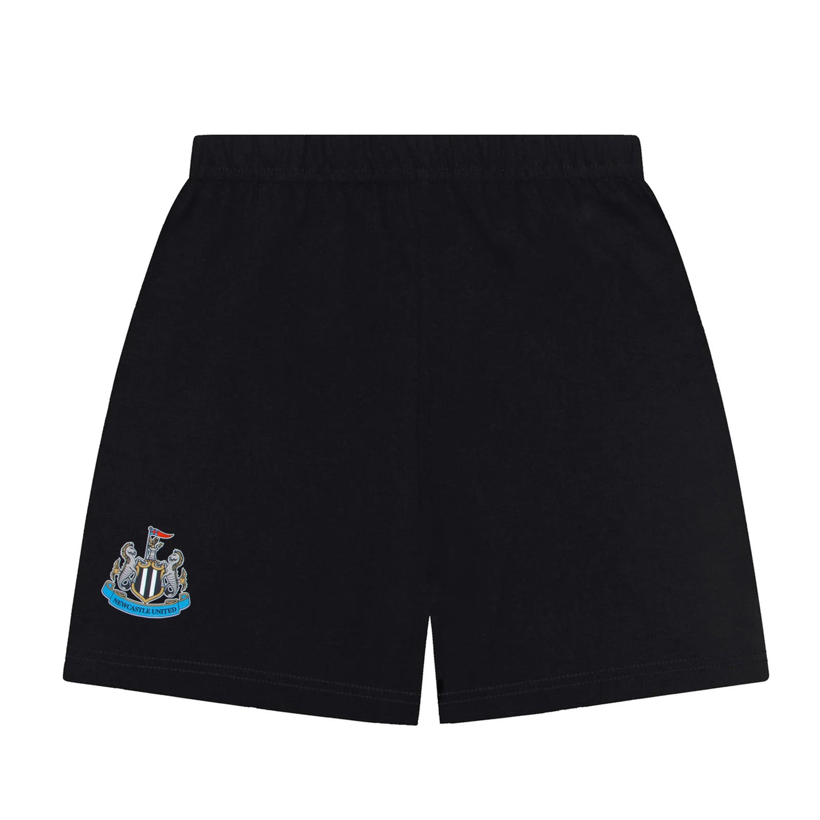 Newcastle Utd kids pyjamas in black & white. Short sleeve top with graphic and shorts with crest to the left leg