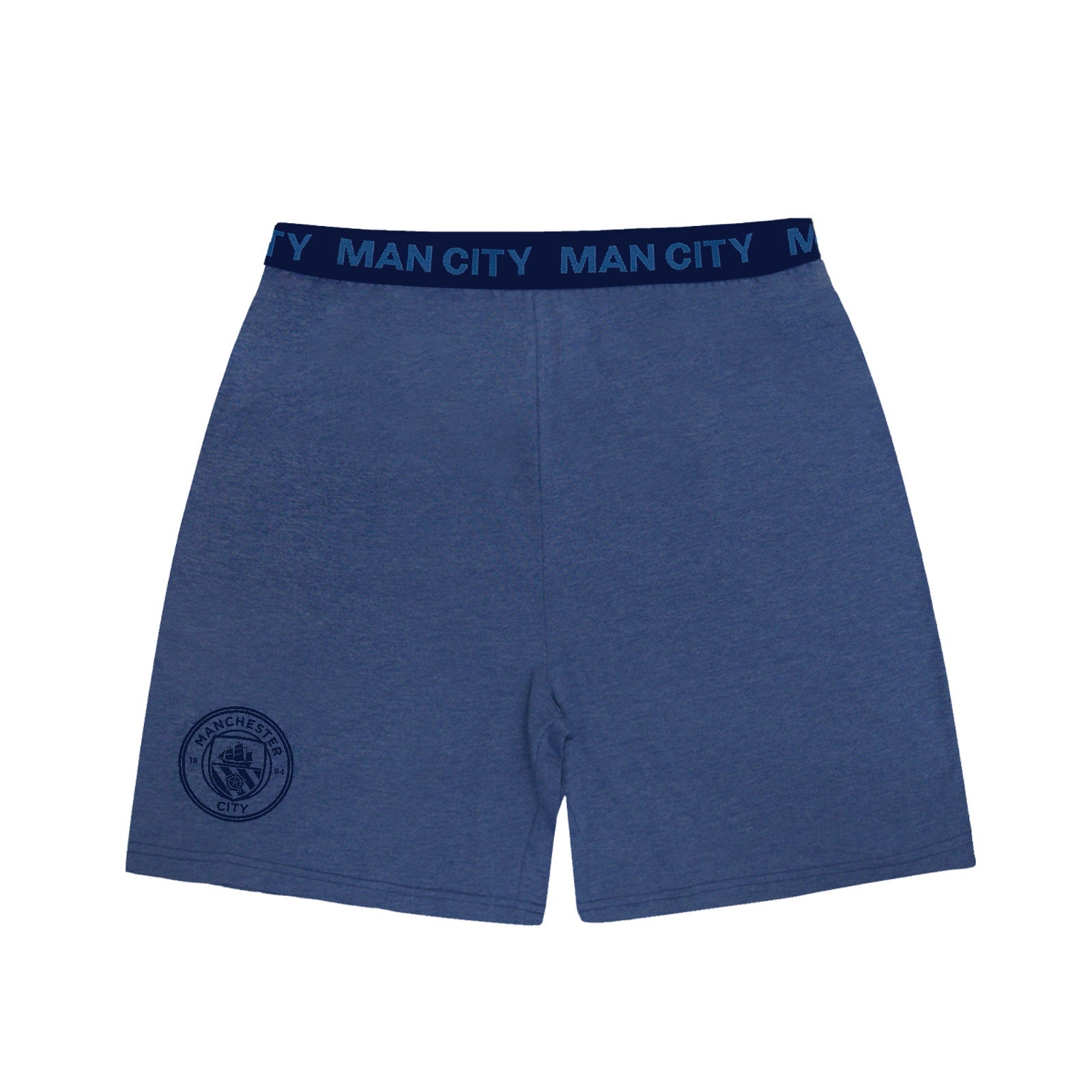Man City adults pyjamas in blue marl. Short sleeve top with graphic and shorts with logo to the left leg