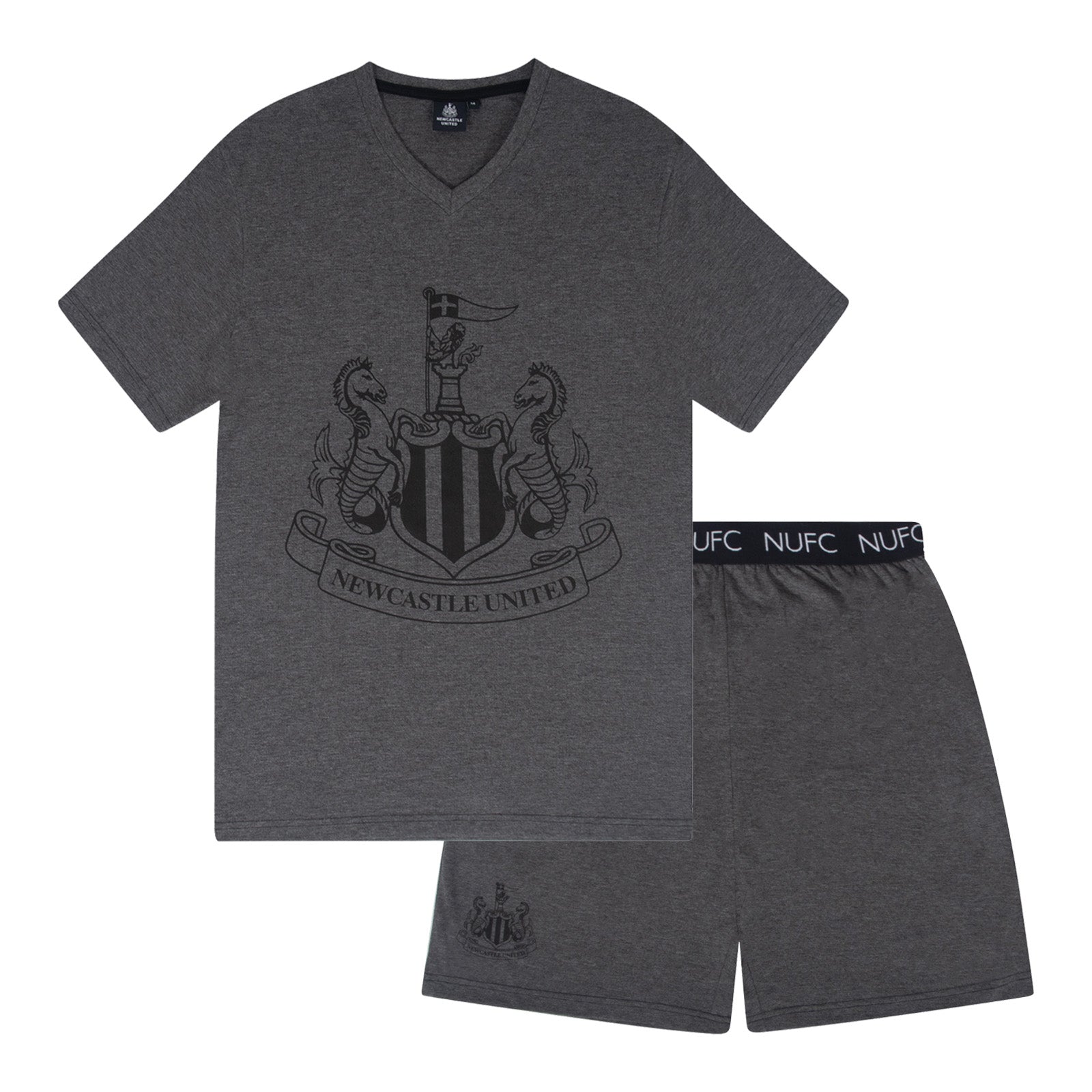 Newcastle adults short pyjama set in grey with a short sleeve t-shirt and graphic. Shorts with logo to the left leg.