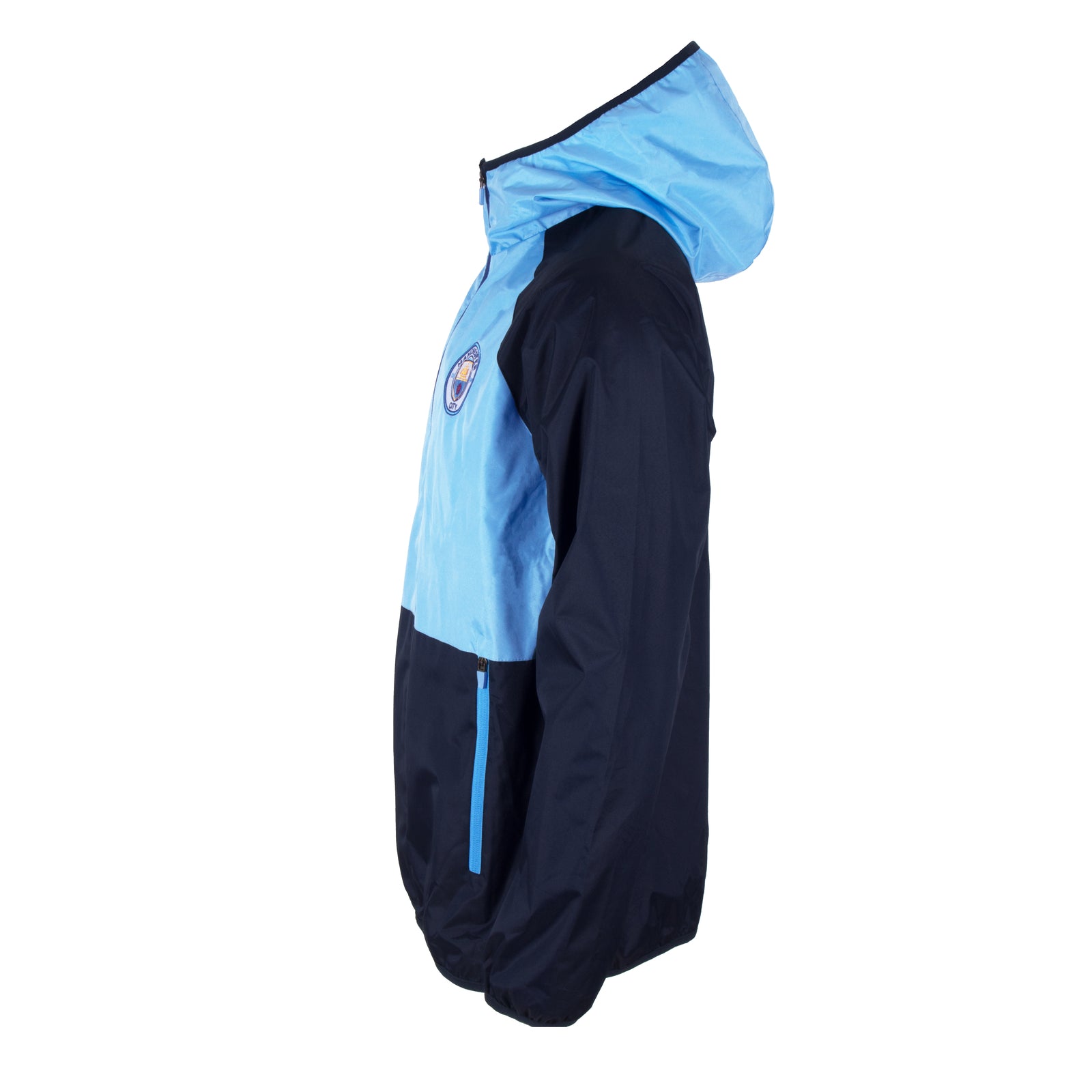 Man City adults shower jacket in navy & sky blue with club crest to chest.