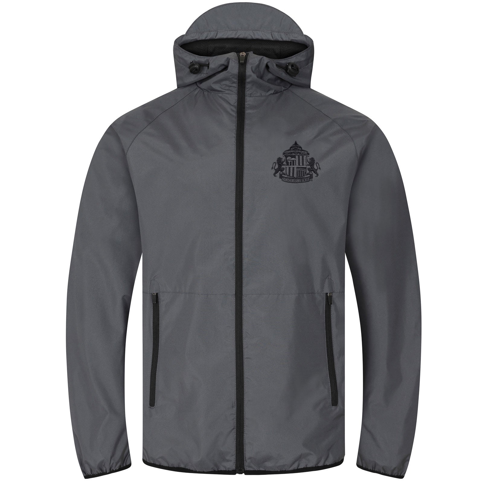 Sunderland kids shower jacket in black with full colour club crest to chest.