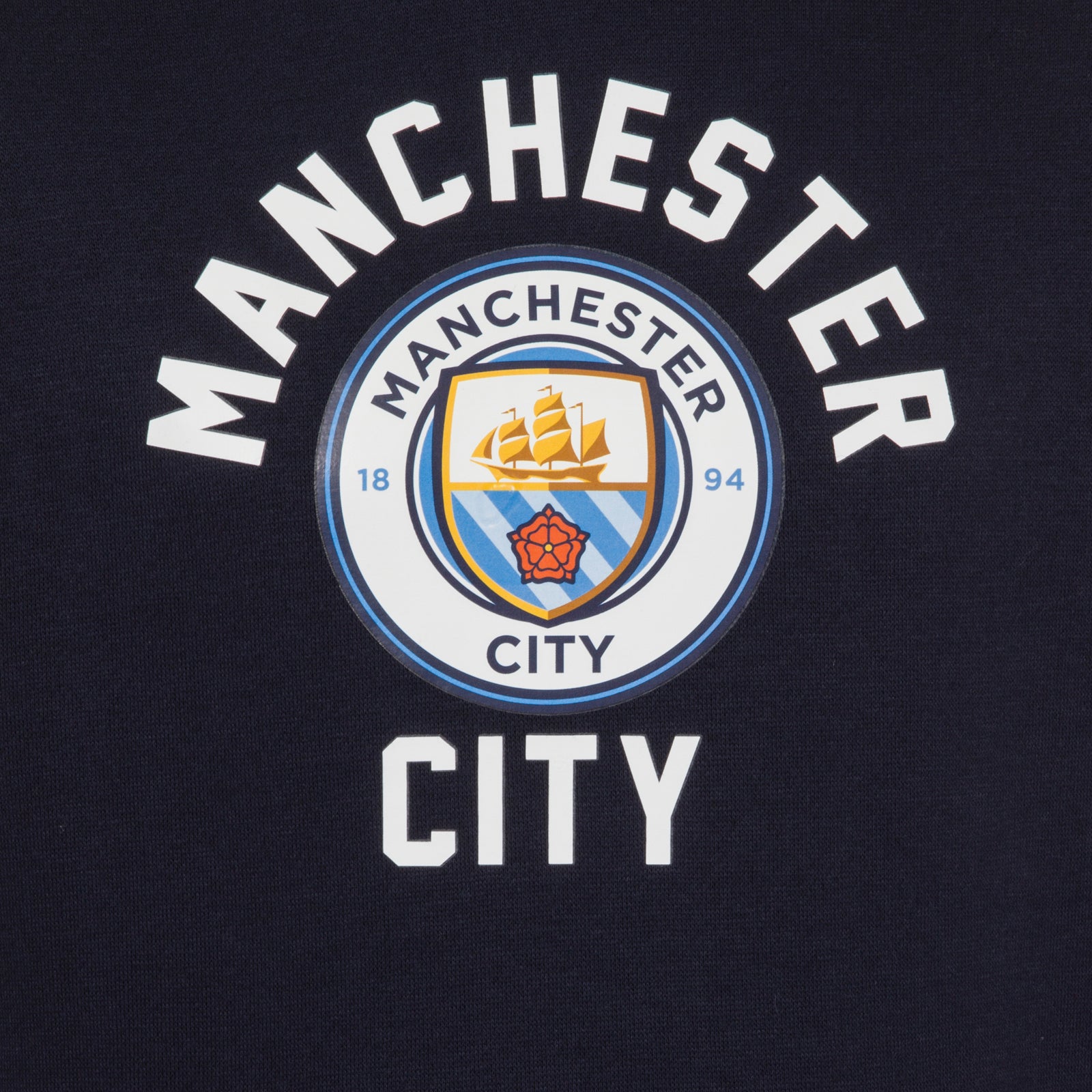 Man City adults graphic hoodie in navy with MCFC club crest to the centre of the body.