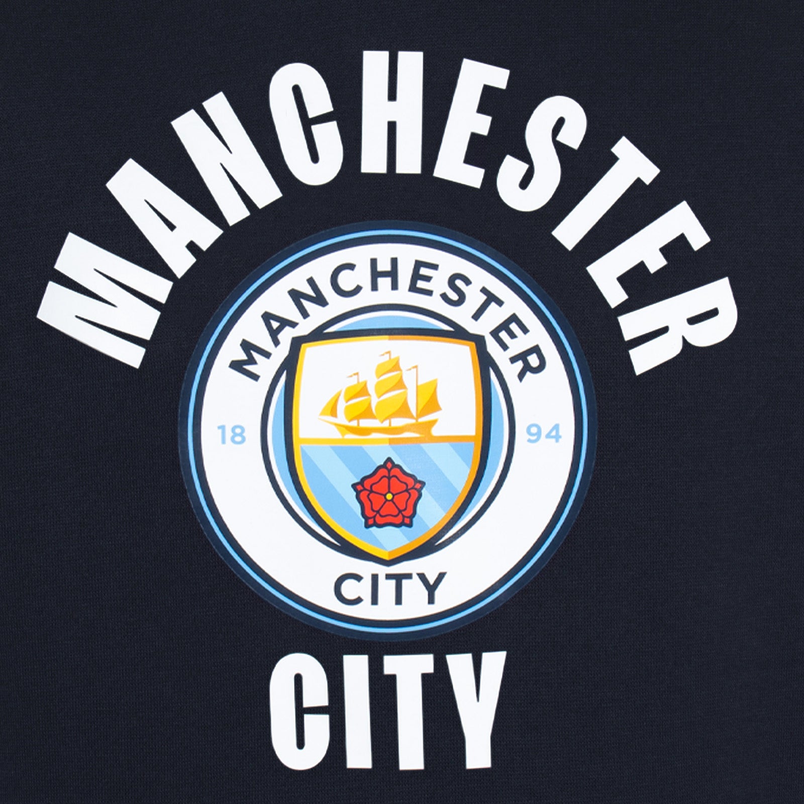 Man City kids graphic hoodie in navy with MCFC club crest to the centre of the body.