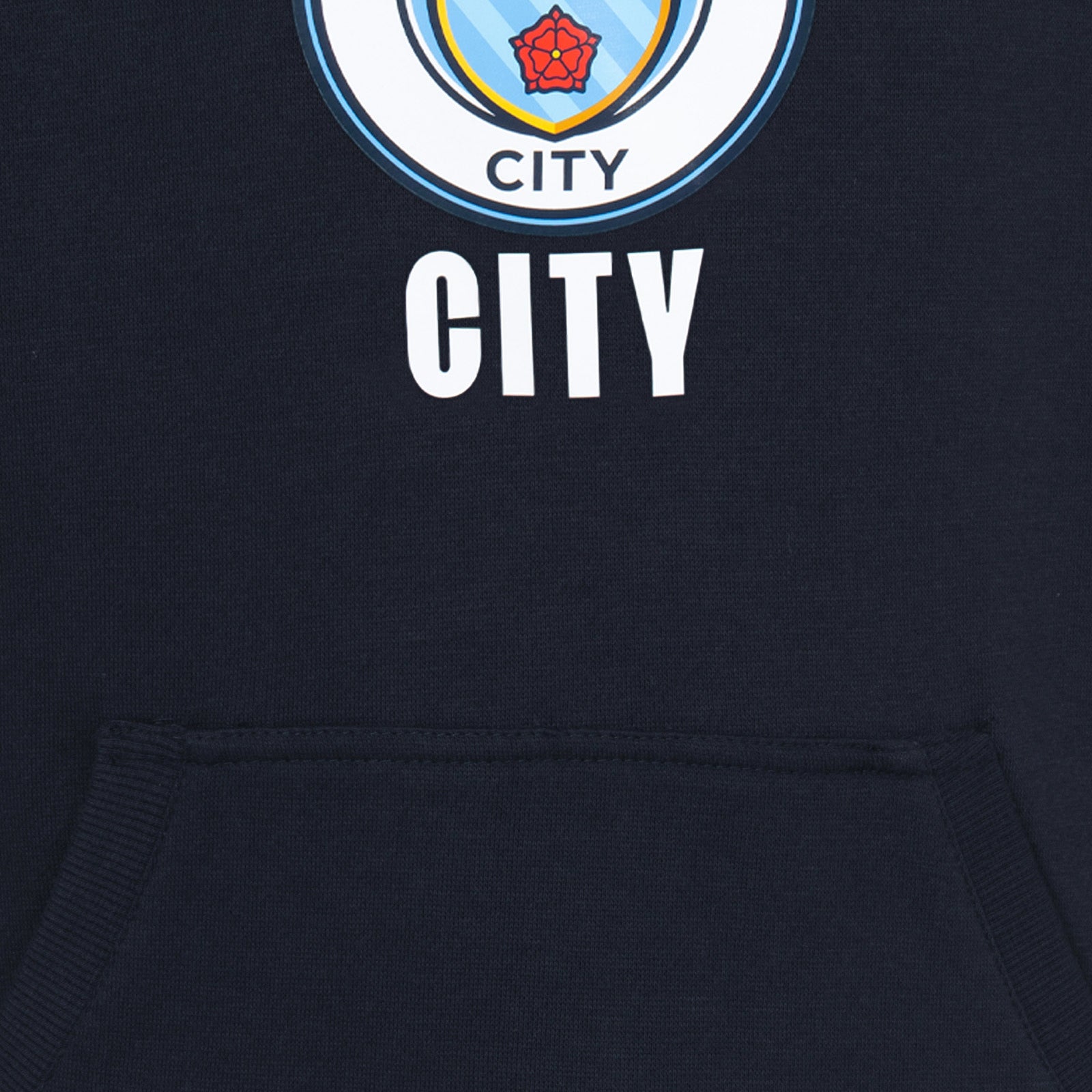 Man City kids graphic hoodie in navy with MCFC club crest to the centre of the body.