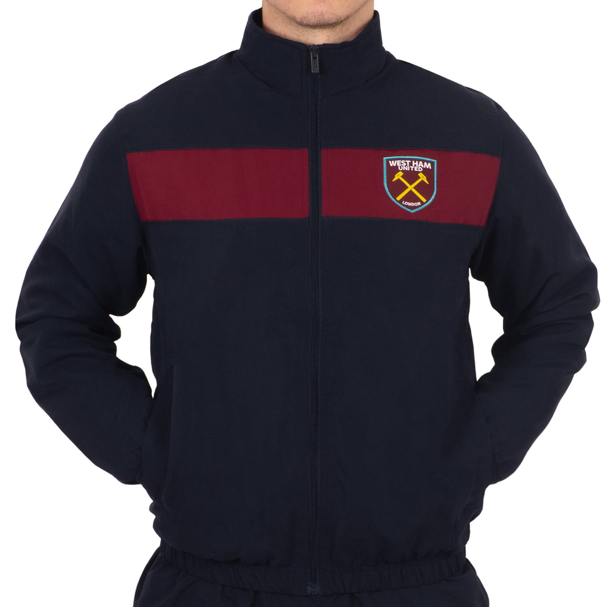 West Ham adults tracksuit in navy blue with club crest to chest and left thigh