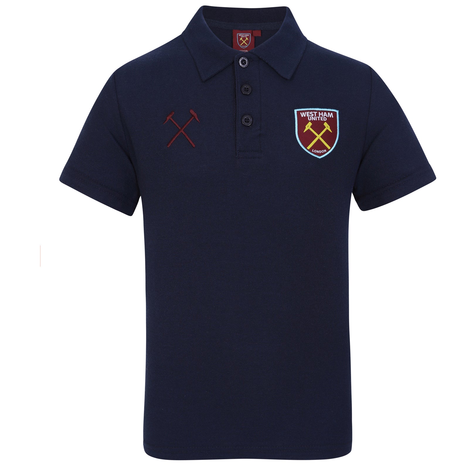 West Ham adults polo shirt in navy with WHUFC badge and text to chest.