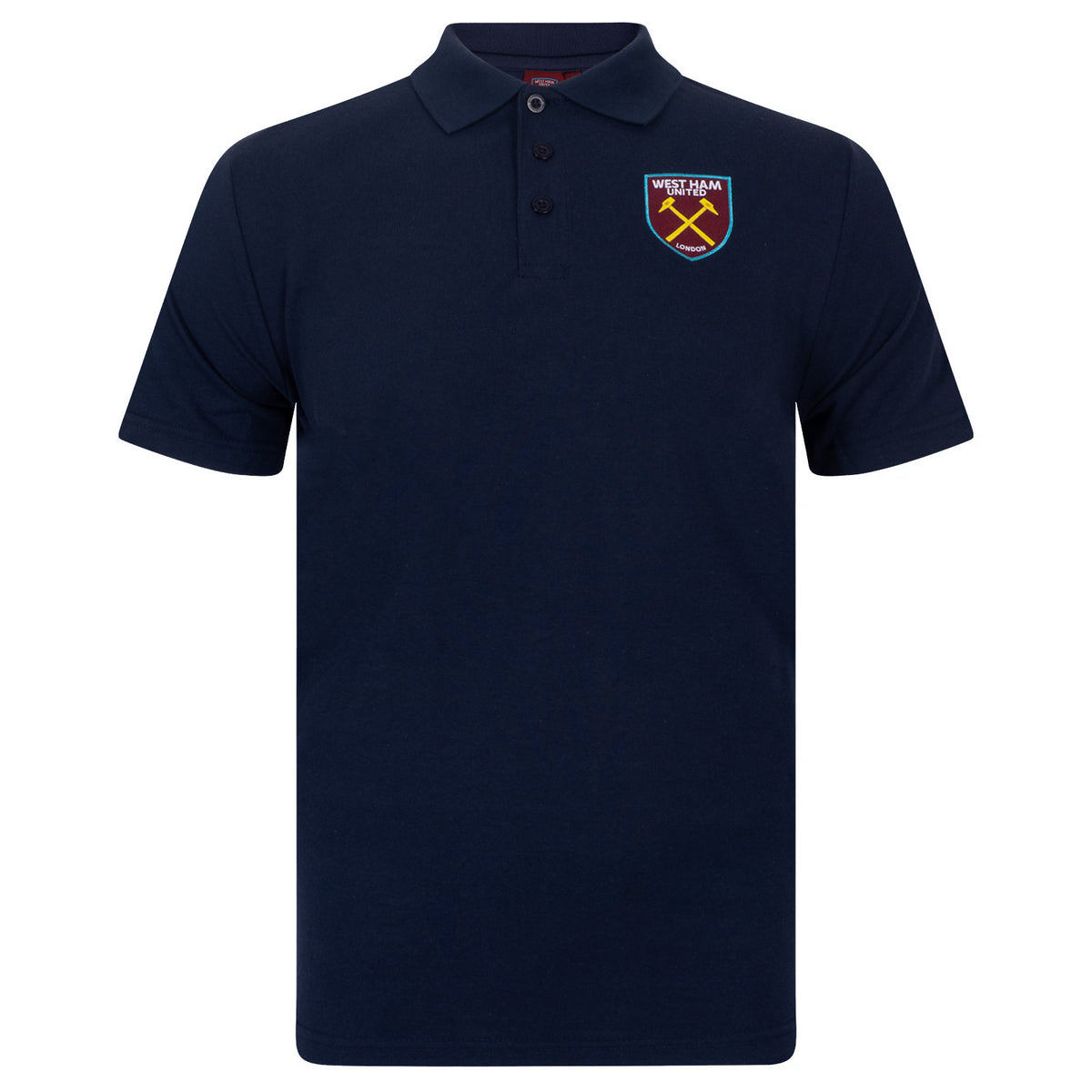 West Ham adults polo shirt in navy with WHUFC badge and text to chest.