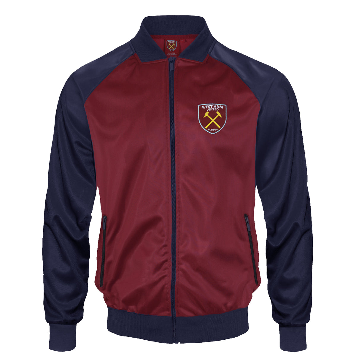 West Ham adults retro track jacket in navy blue with club crest to chest.