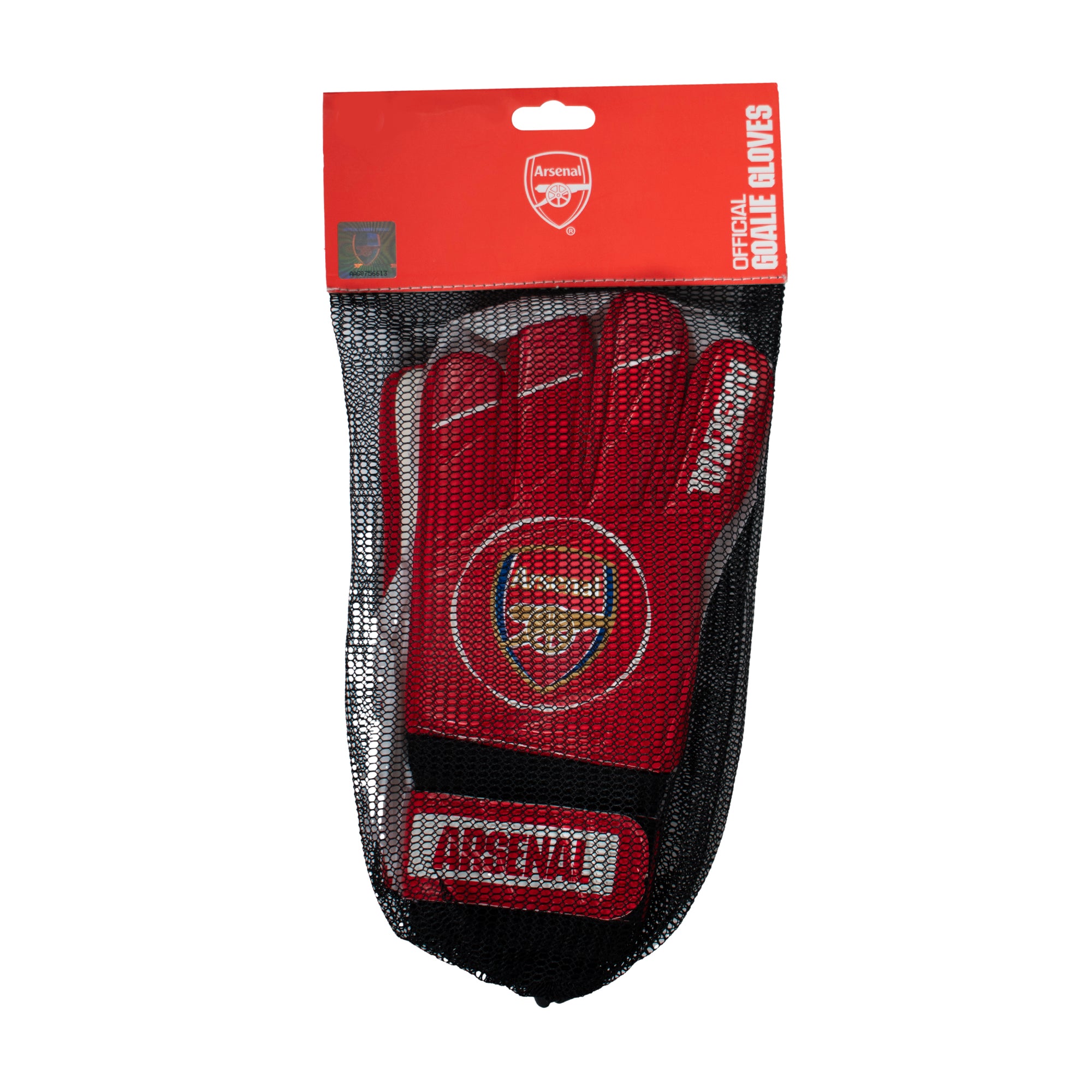 Arsenal red goalkeeper gloves with AFC crest & text print to each glove.