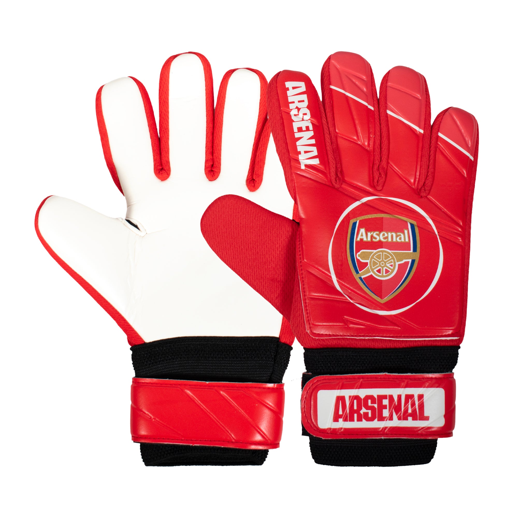 Arsenal size 4 red ball with club crest & text. AFC badge & text print to each glove.