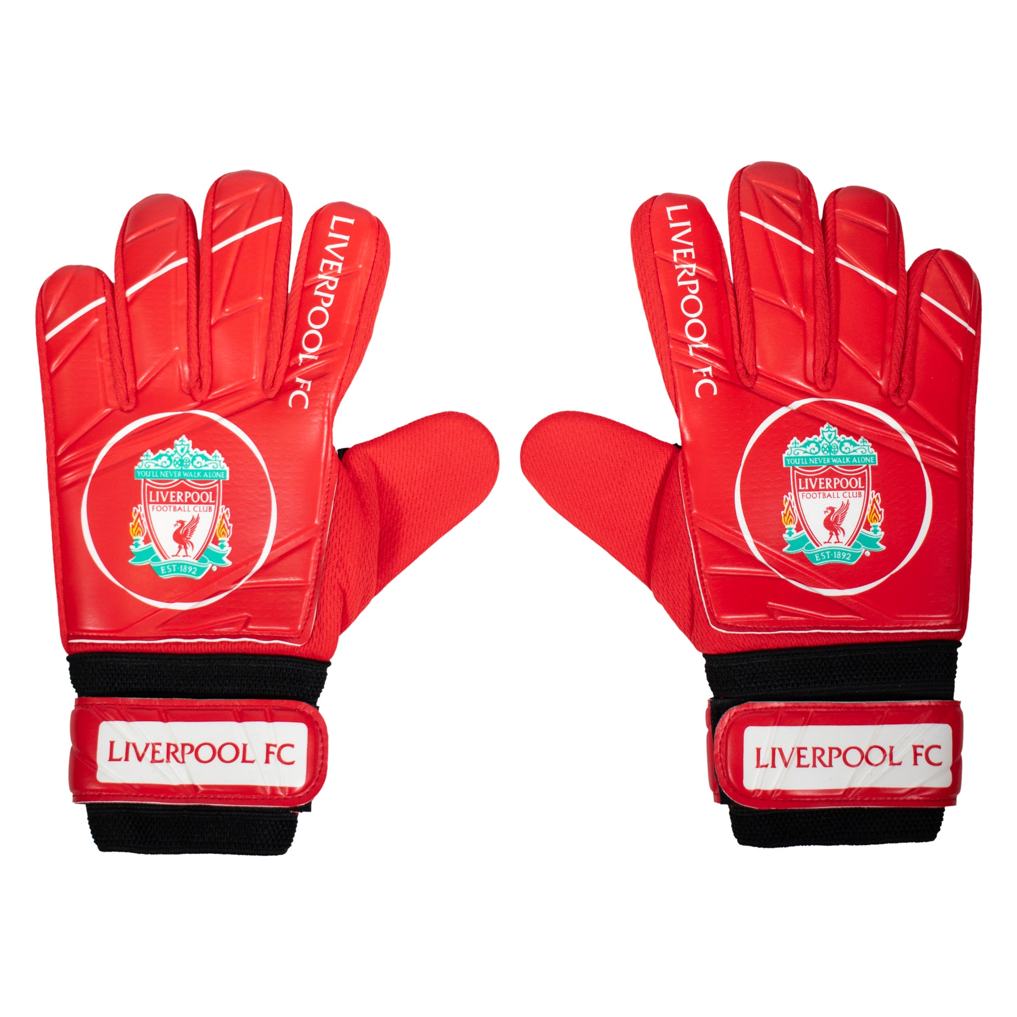 Liverpool red goalkeeper gloves with LFC crest & text print to each glove