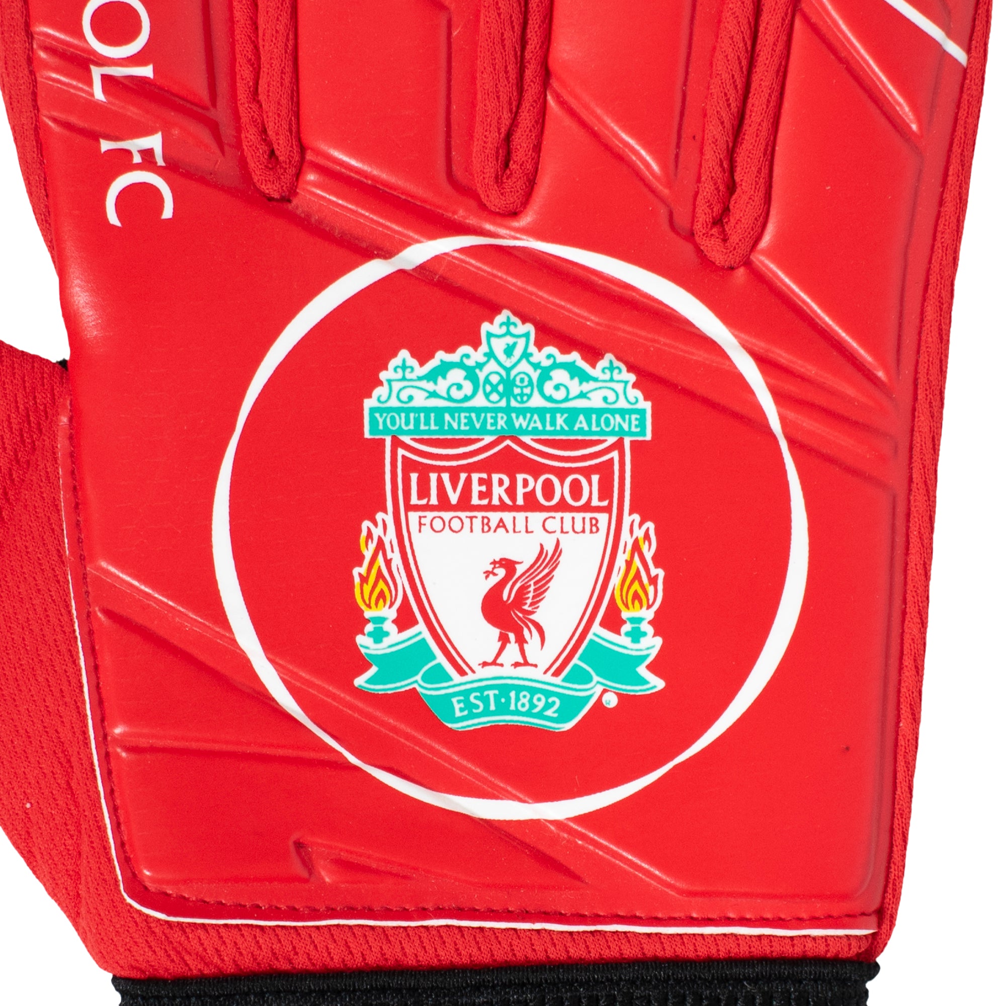 Liverpool red goalkeeper gloves with LFC crest & text print to each glove