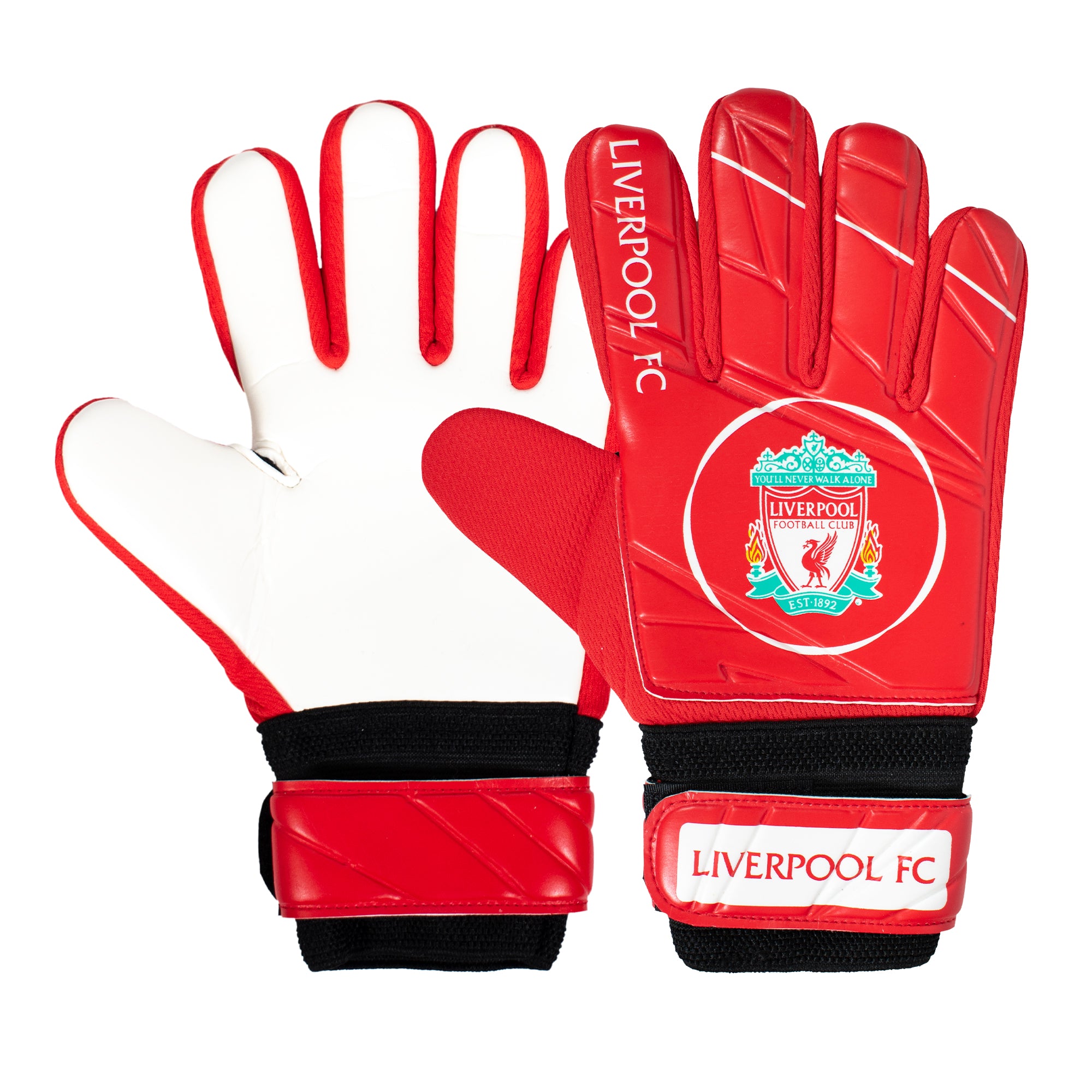 Liverpool red goalkeeper gloves with LFC crest & text print to each glove