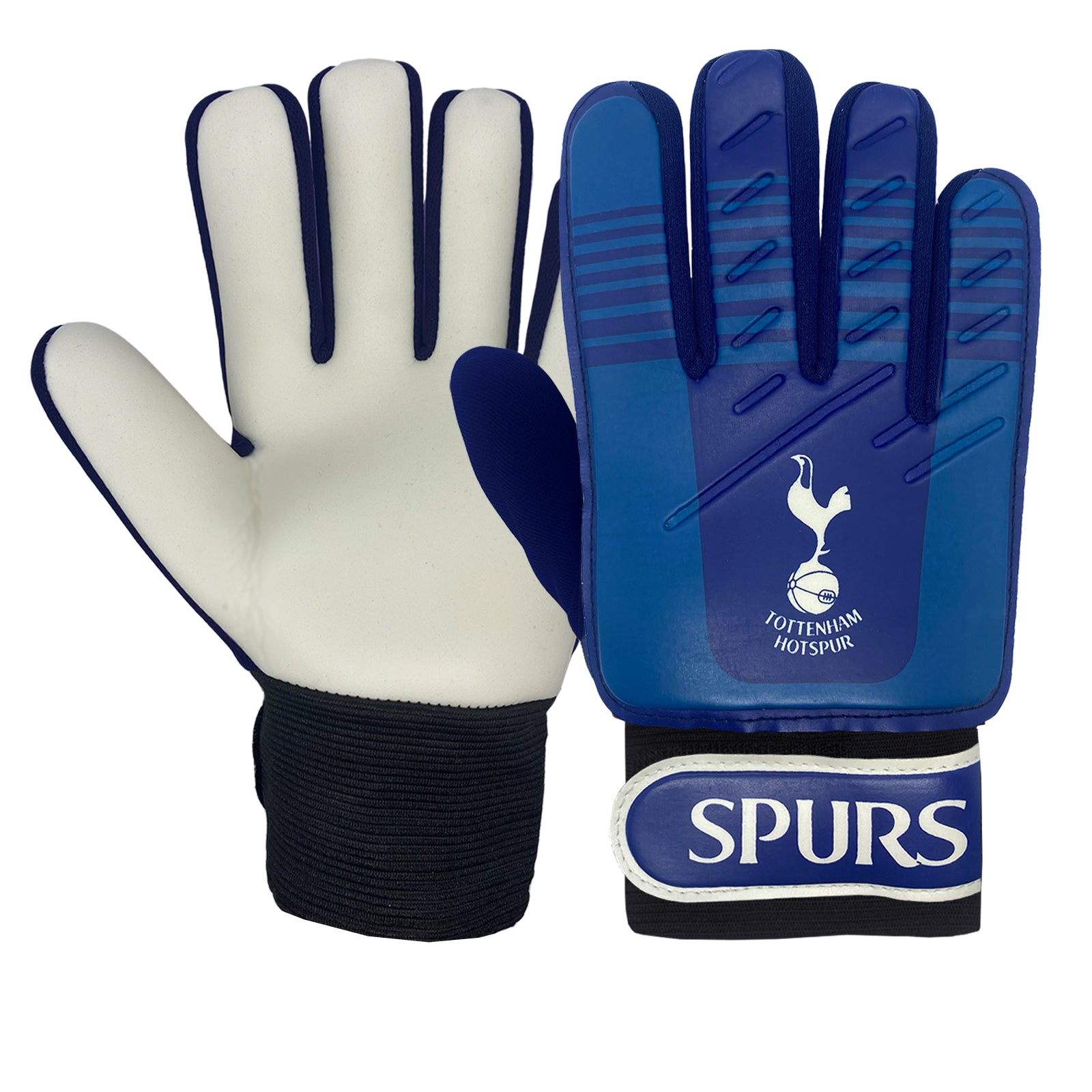 Spurs goalie gloves in blue gloves with THFC crest & text print to each glove.