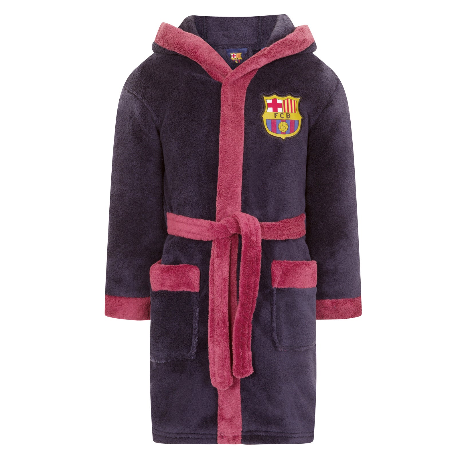 FC Barcelona kids hooded dressing gown in navy blue with FCB crest.