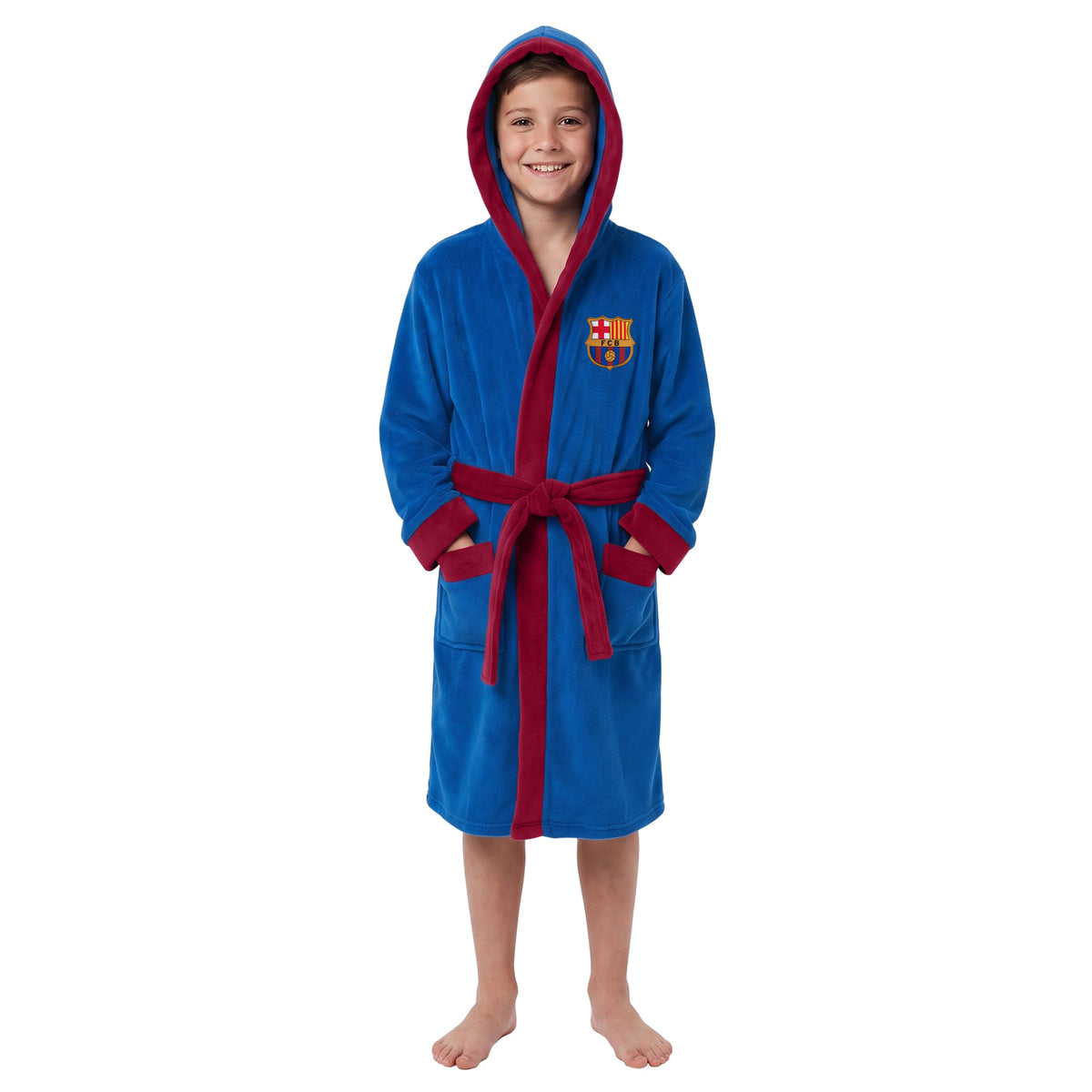 FC Barcelona kids hooded dressing gown in navy blue with FCB crest.