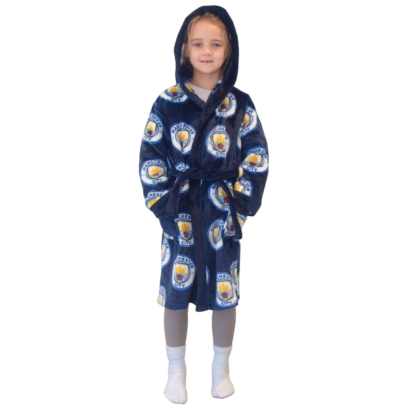 Man City kids hooded dressing gown in all over print crest