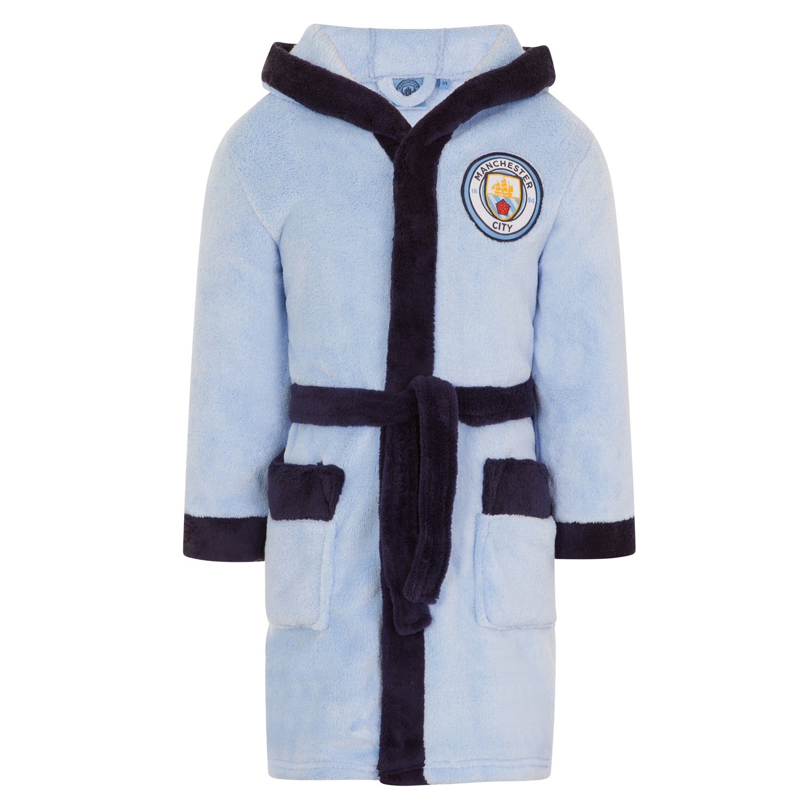 Man City kids hooded dressing gown in sky blue with crest.